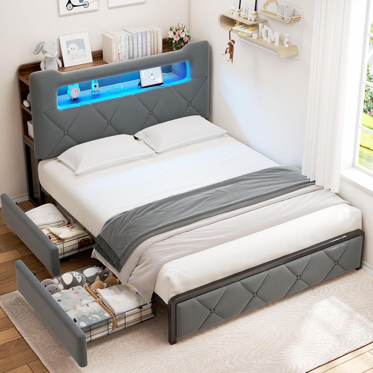 Queen Upholstered LED Bed Frame with Storage Drawers and Headboard