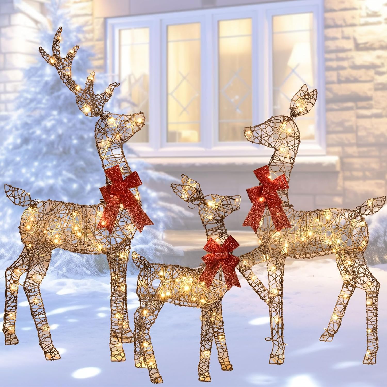Lighted Christmas Outdoor Decorations - 4ft Rattan Reindeer Set