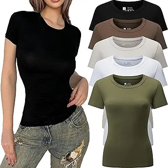 5pcs Women's Short Sleeve Slim Fit Y2K T Shirt Crew Neck Tops