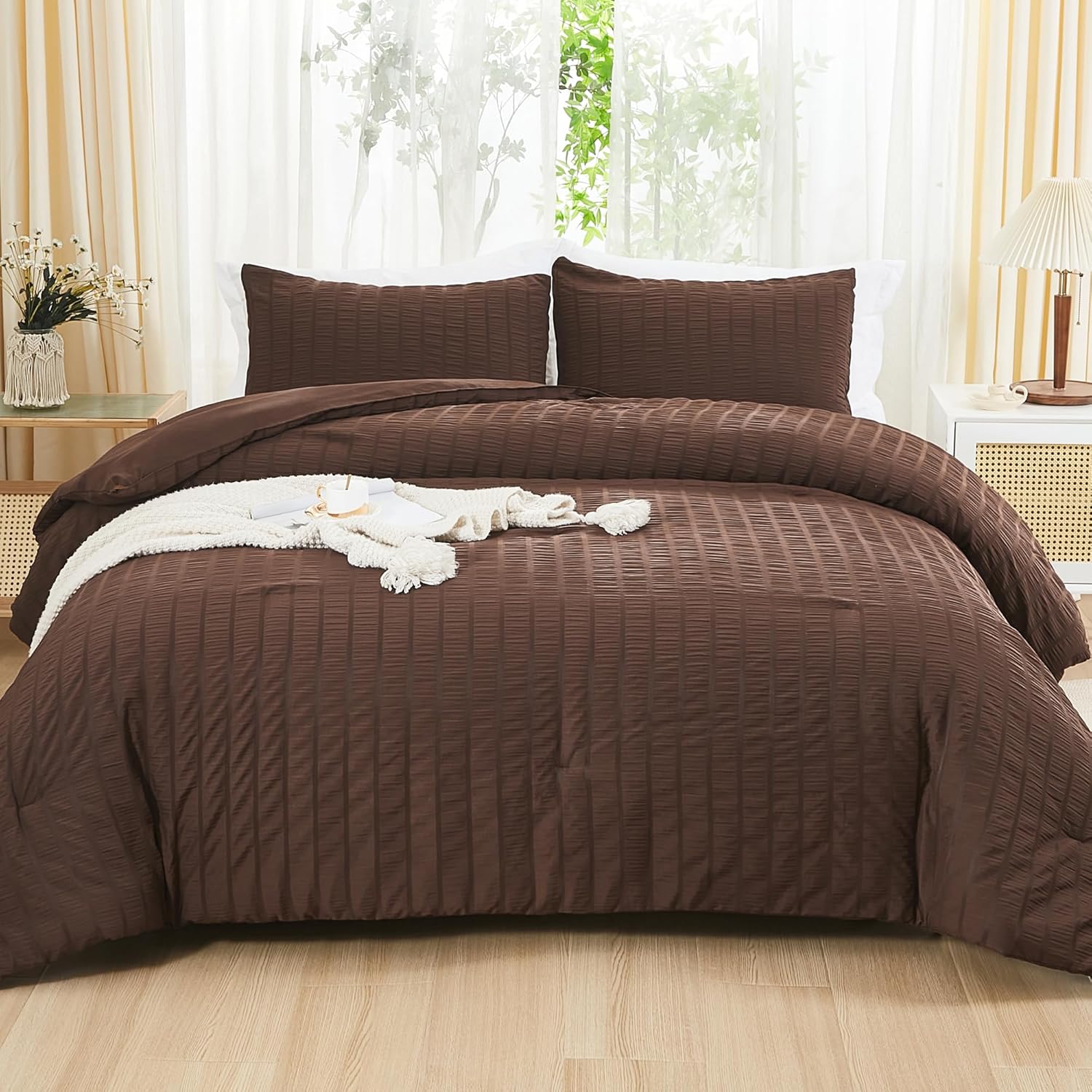AveLom Brown Seersucker Full Comforter Set for All Seasons