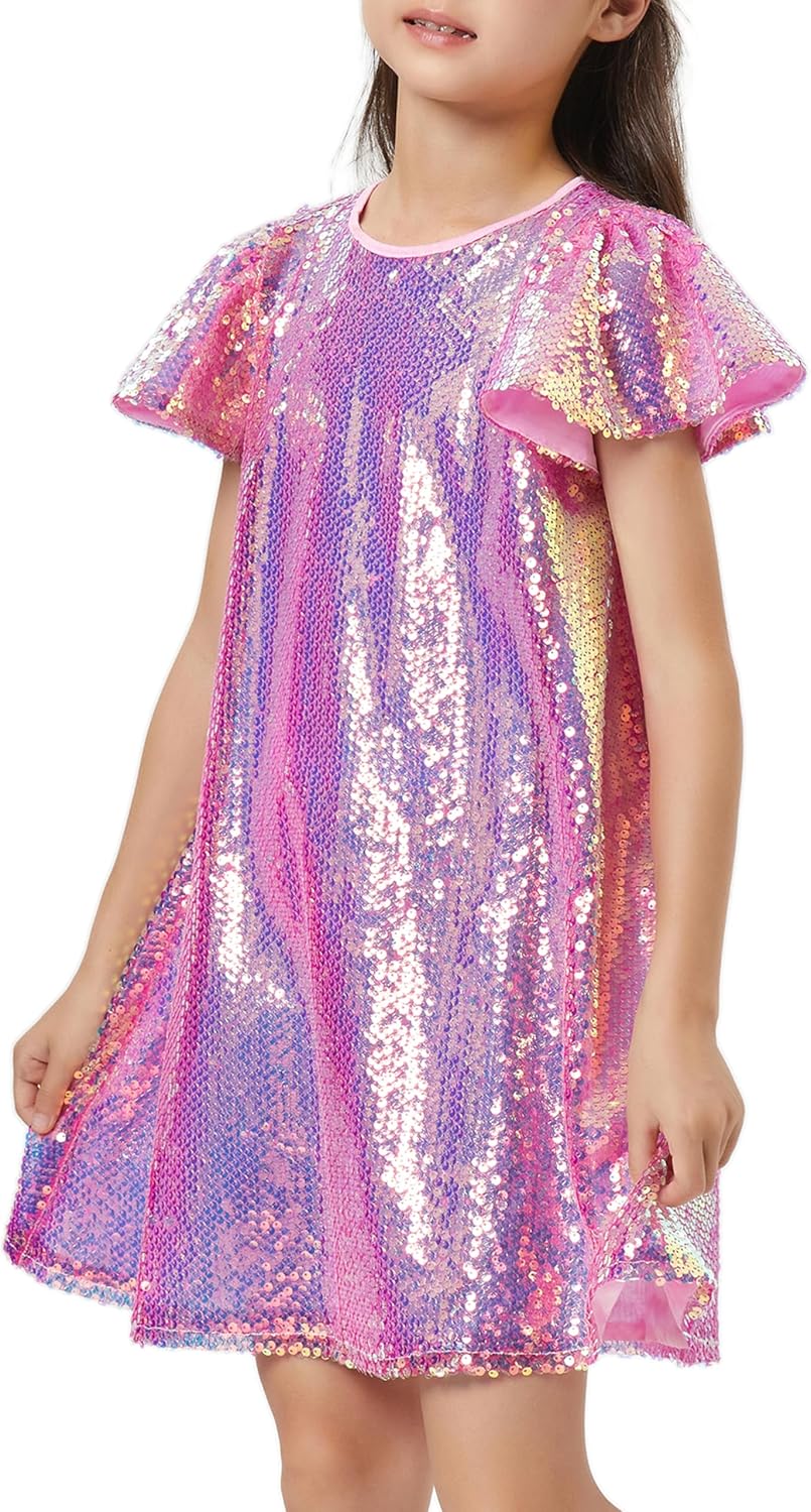 Girls Sequin Dress Shiny Short Flutter Sleeve Sparkly Party