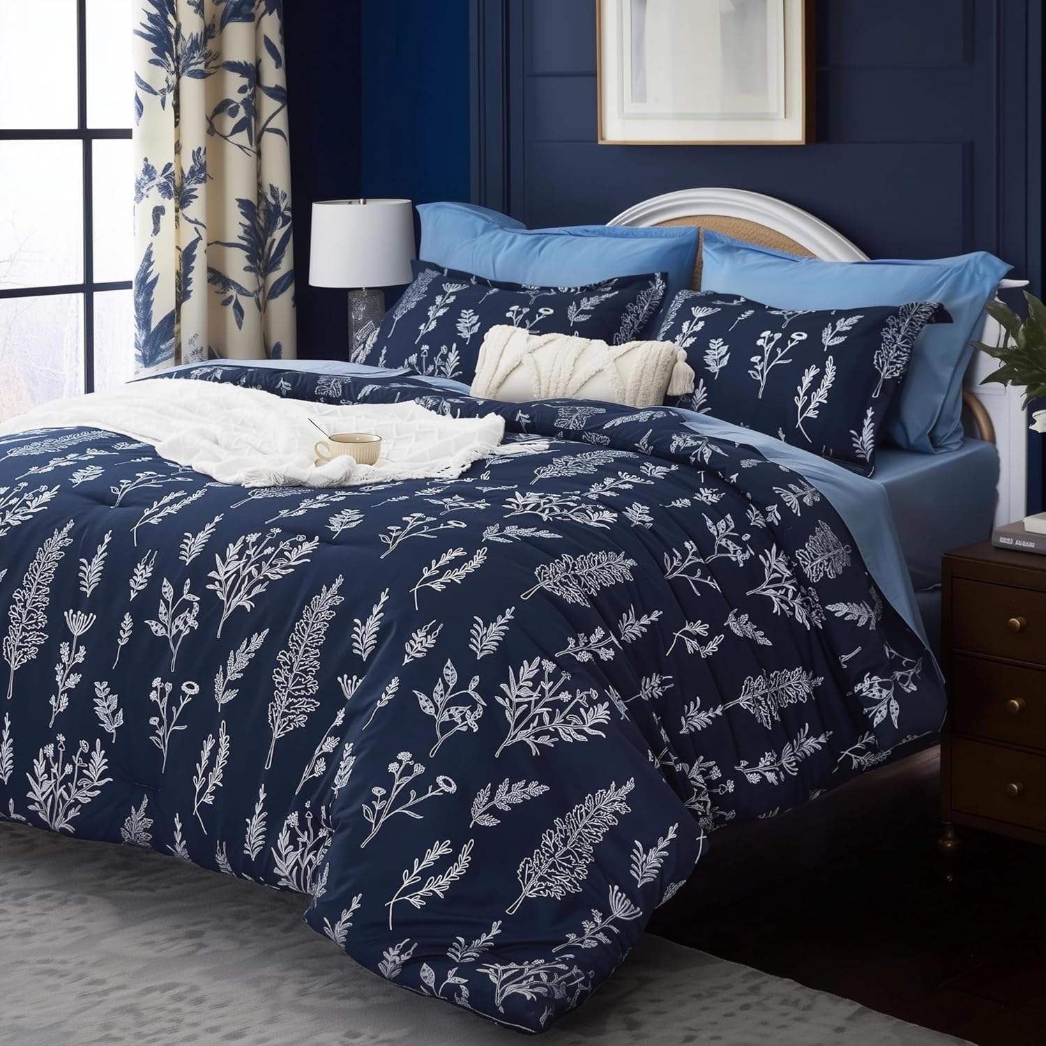 Floral Comforter Set Full Navy Blue Cute Flower Bed in a Bag