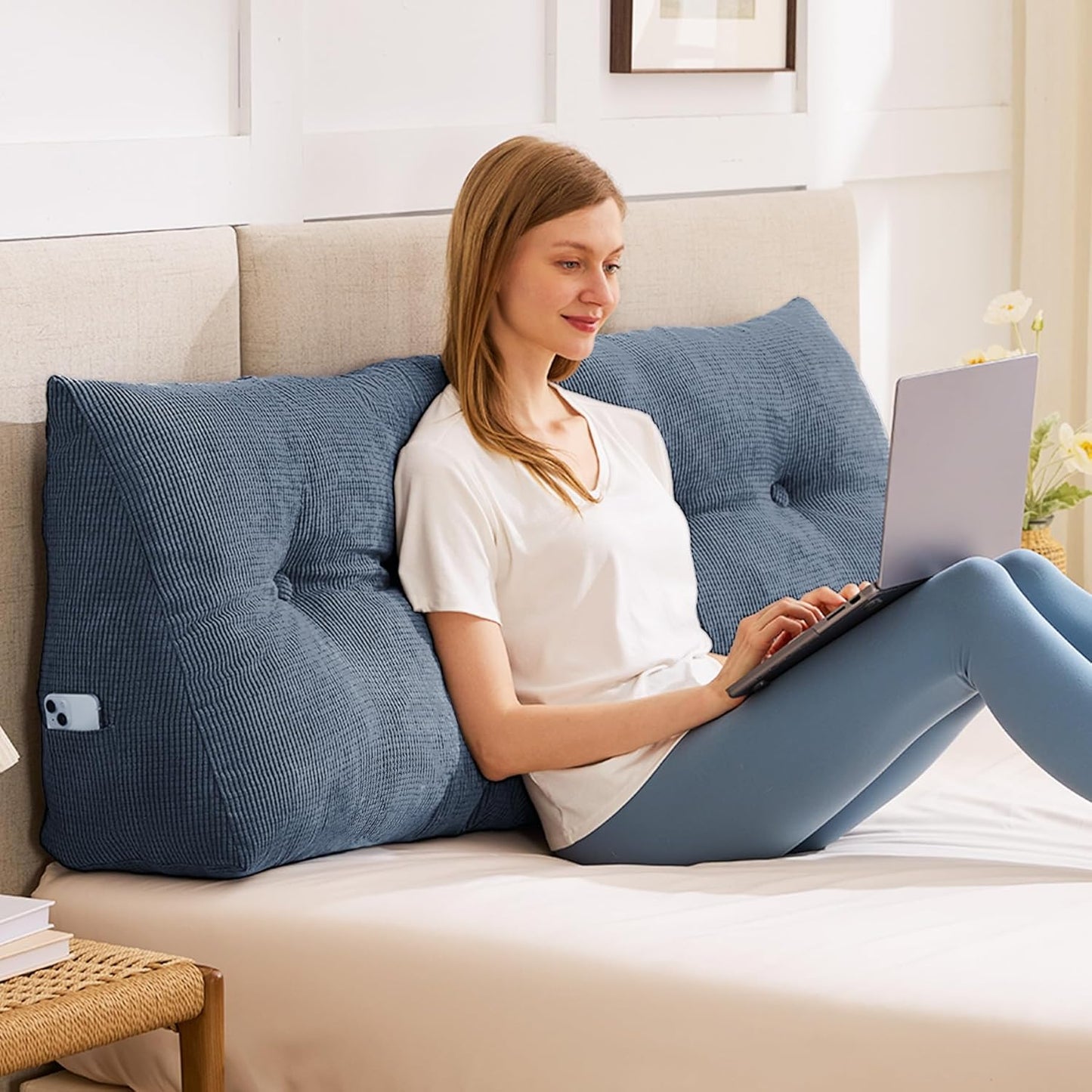 Headboard Pillow Queen for Reading and Working, Navy Blue