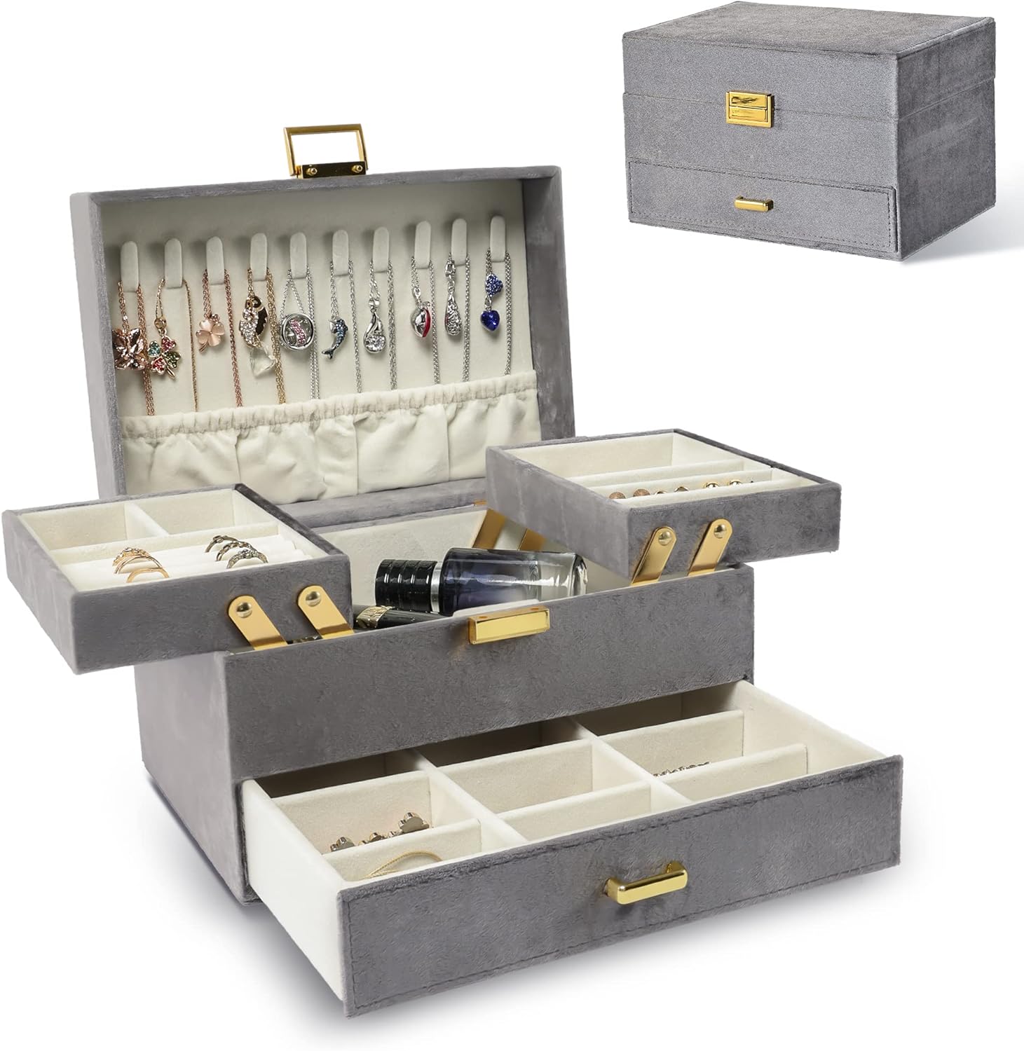 Dajasan Velvet Jewelry Box: Elegant 3-Layer Organizer for All