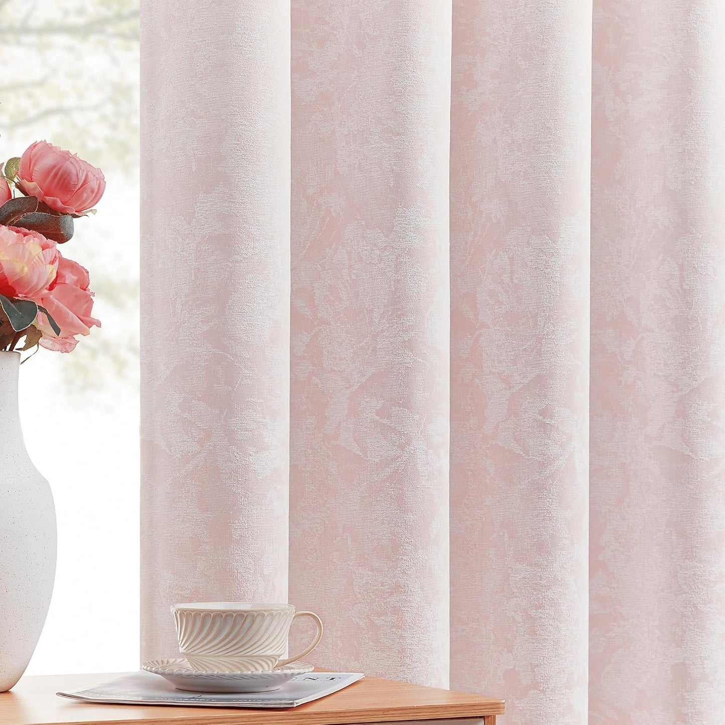 Beauoop Pink Floral Jacquard Blackout Curtains for Home Decor