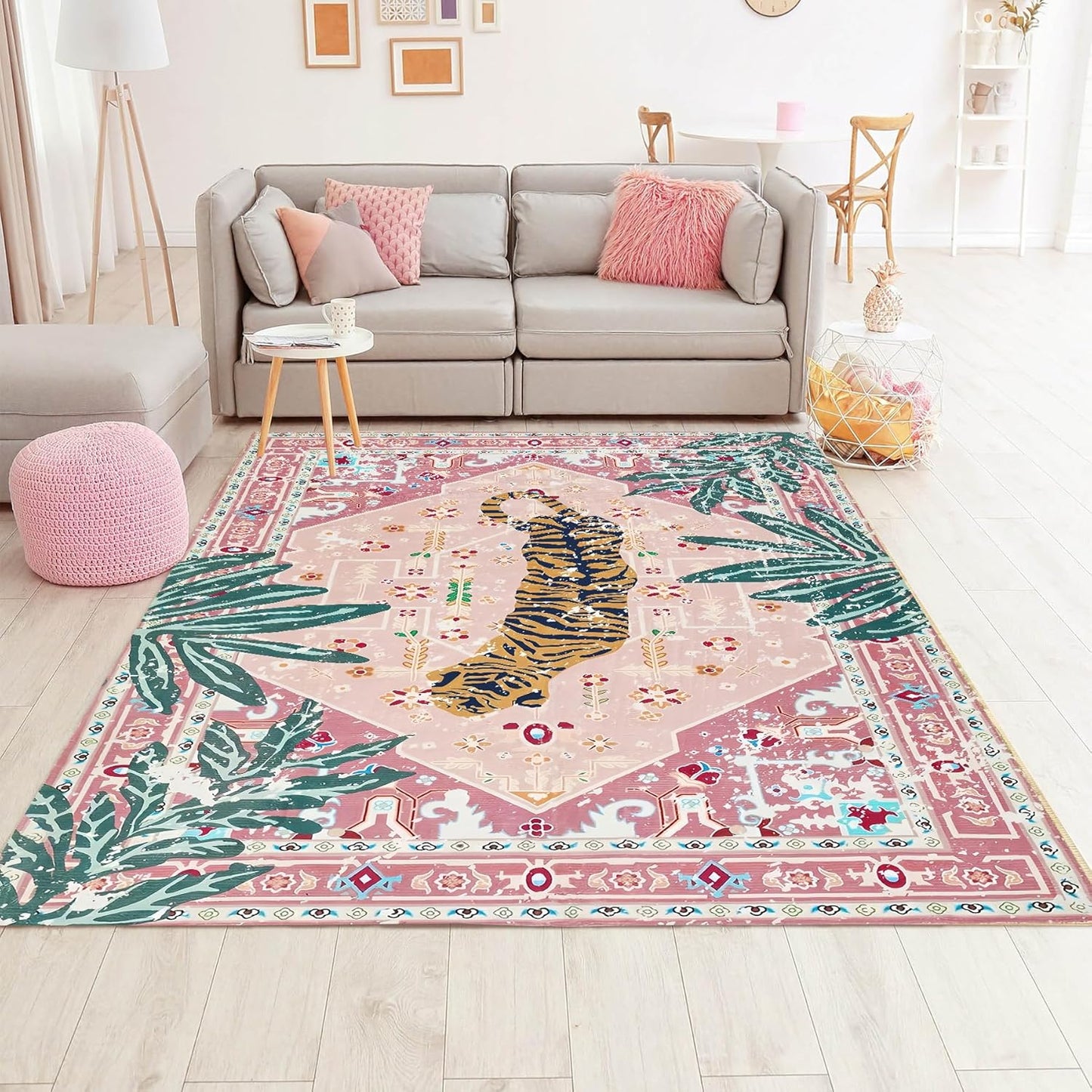 Pink Rug 5x7 Large Washable Animal Print Non-Slip Carpet