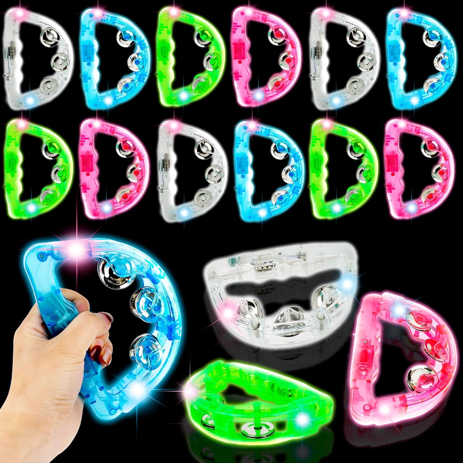 16 Pack LED Tambourines for Colorful Party Fun and Music