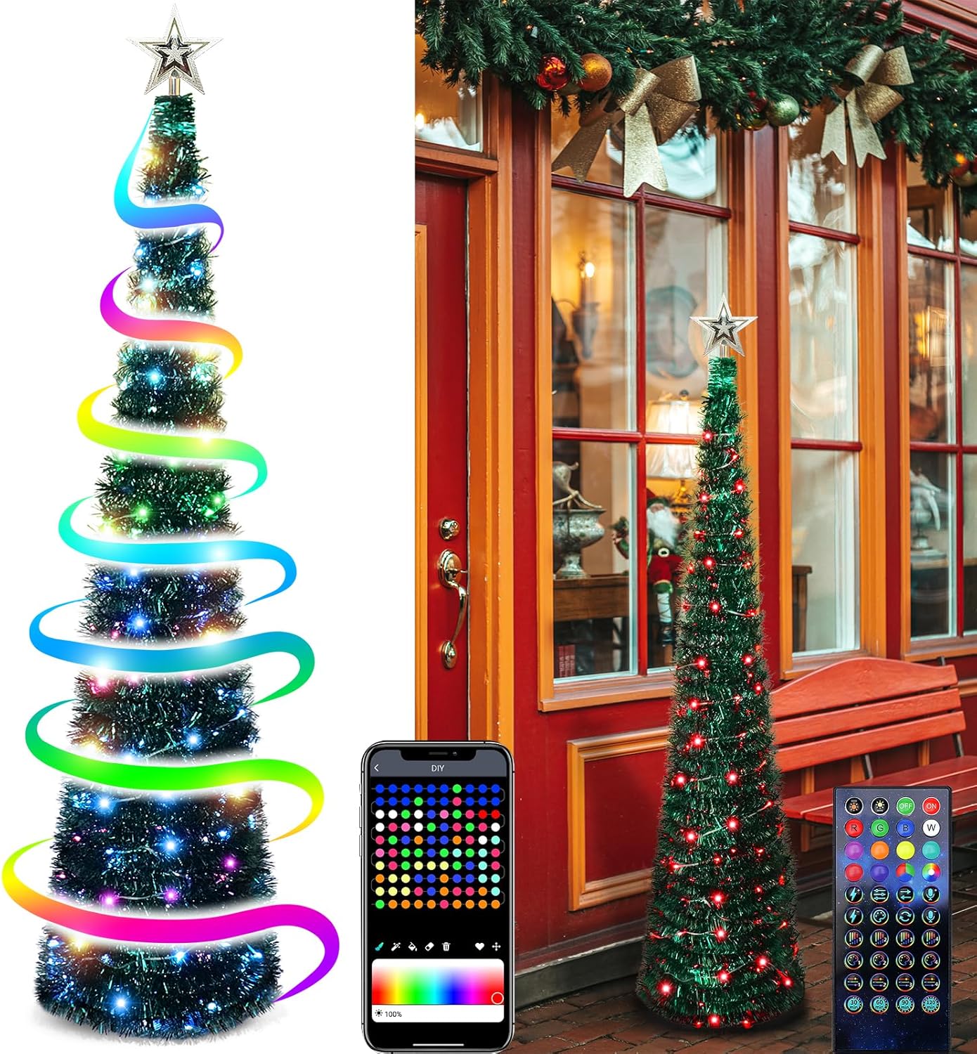 5Ft Pop Up Christmas Tinsel Tree with Multi-Color LED Lights