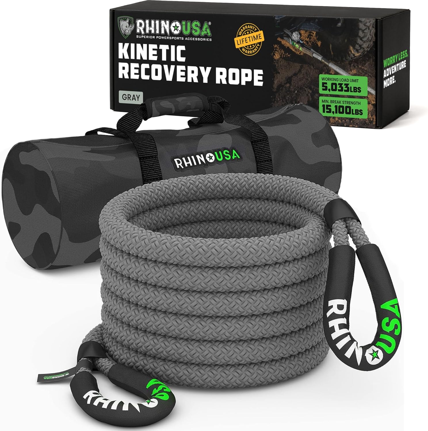 Rhino USA Kinetic Recovery Tow Rope for Heavy Duty Offroad Use