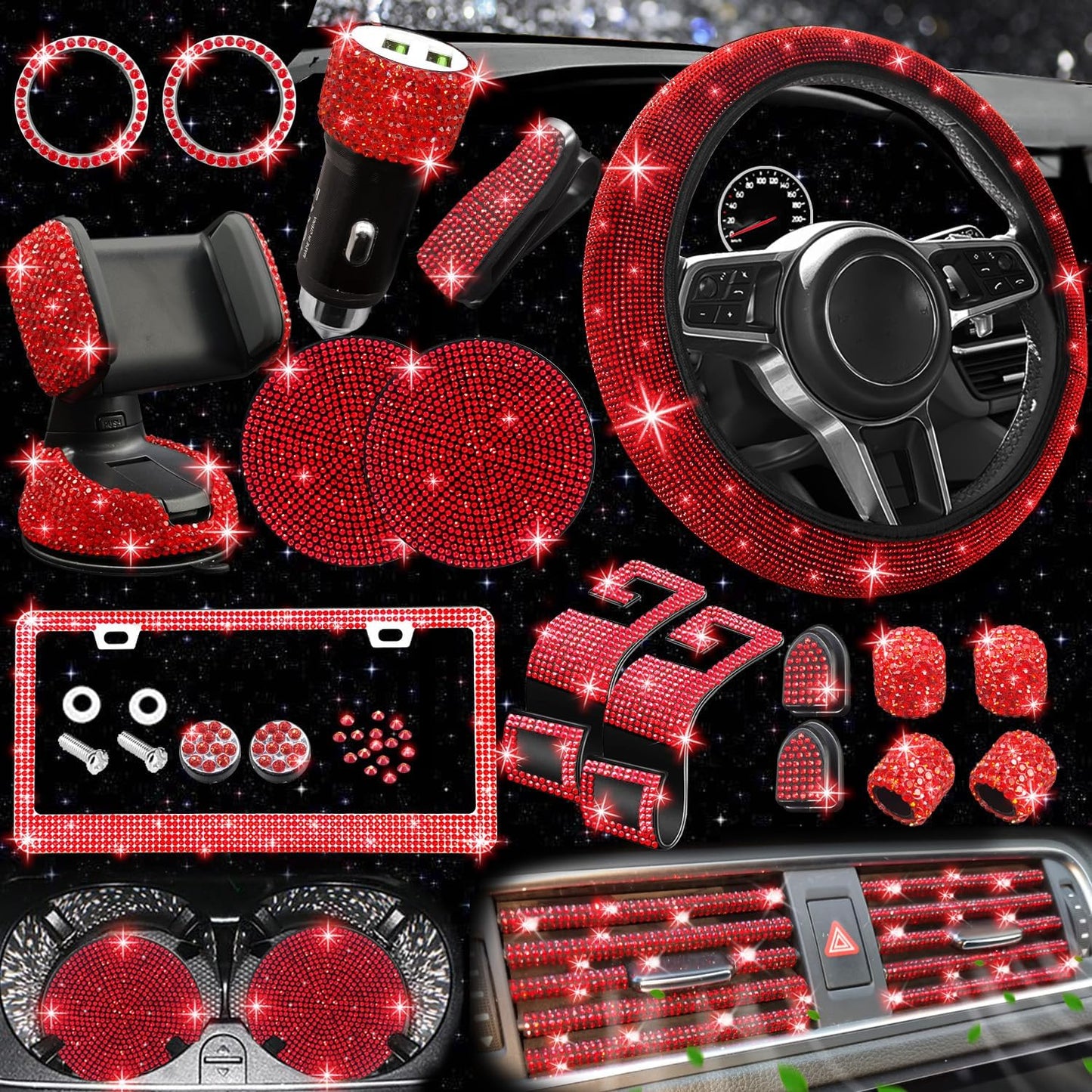 Bling Car Accessories Set for Women - 27 PCs Red Diamond Style