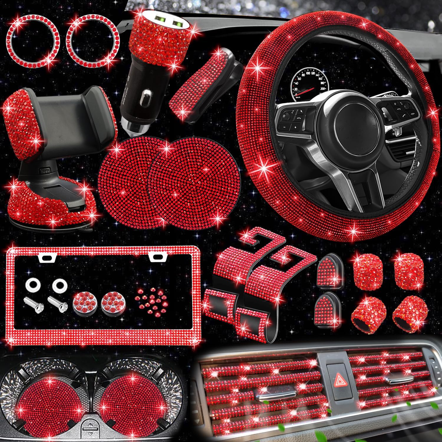 Bling Car Accessories Set for Women - 27 PCs Red Diamond Style
