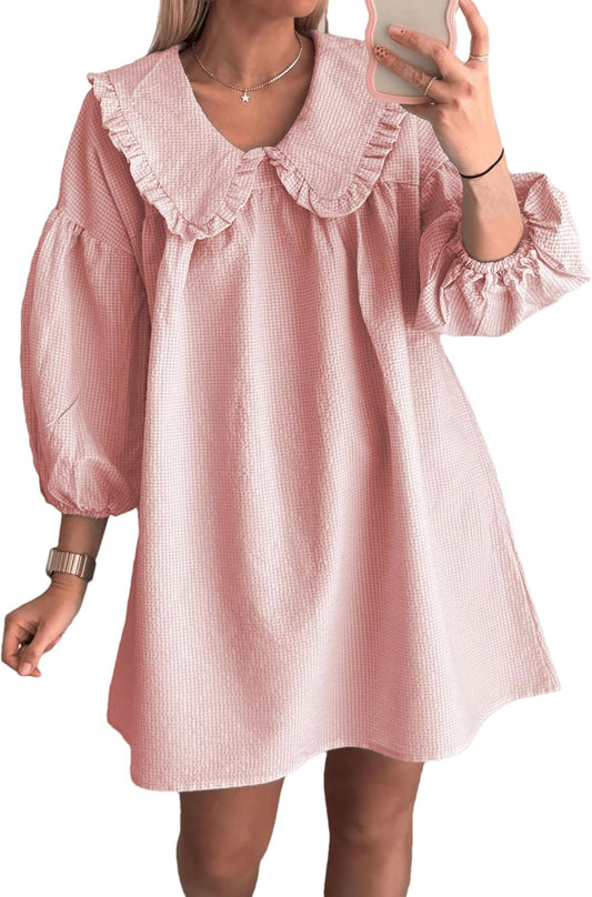 2025 Women's Babydoll Mini Dress with Puff Sleeves and Collar