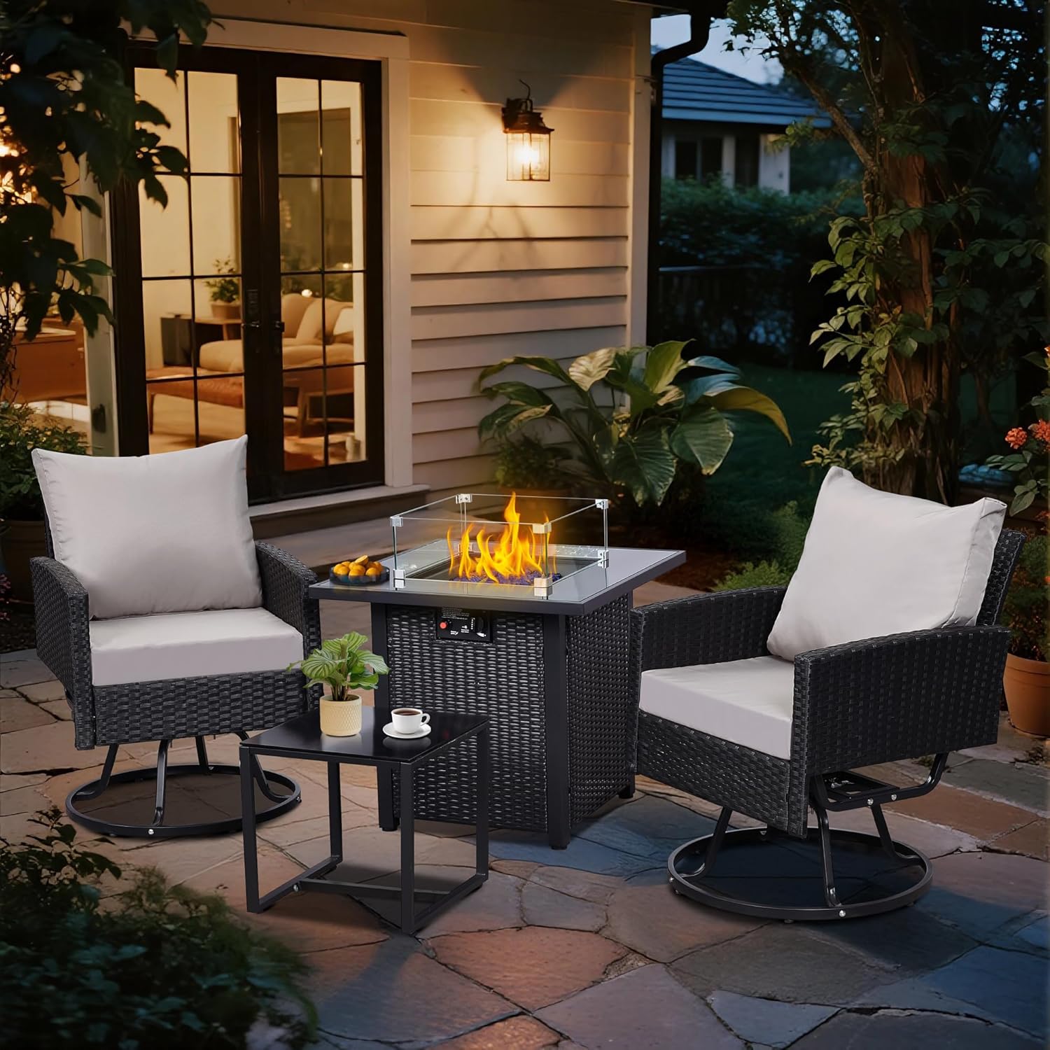 4 Pieces Patio Set with 28 Propane Fire Pit Table for Outdoors