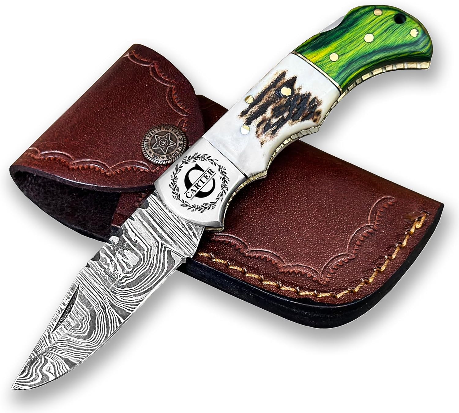 Personalized Engraved Damascus Steel Pocket Folding Knife Gift