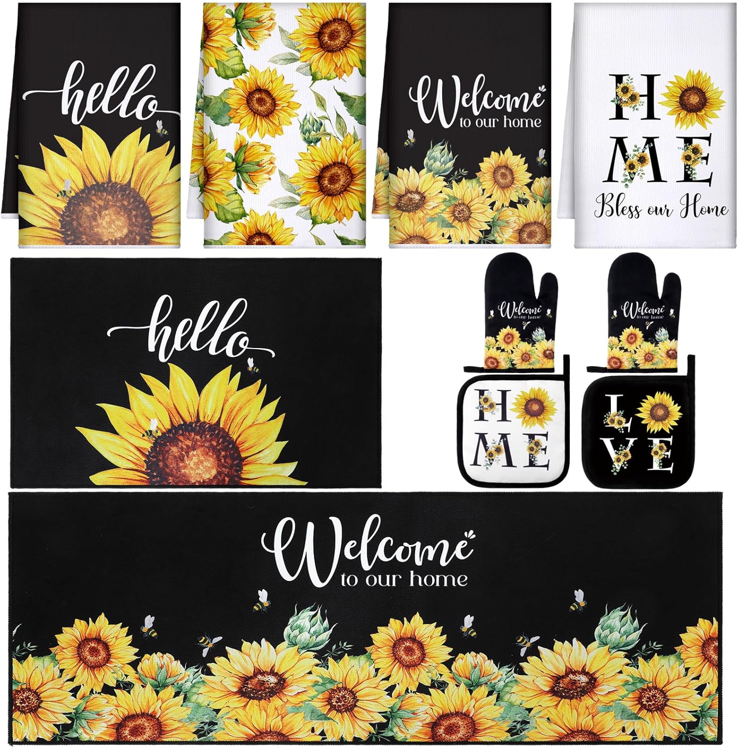 10 Pcs Sunflower Kitchen Dish Towels and Oven Mitts Set