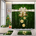 Green Christmas Shower Curtain Set with Golden Bells - 4 Pcs Holiday