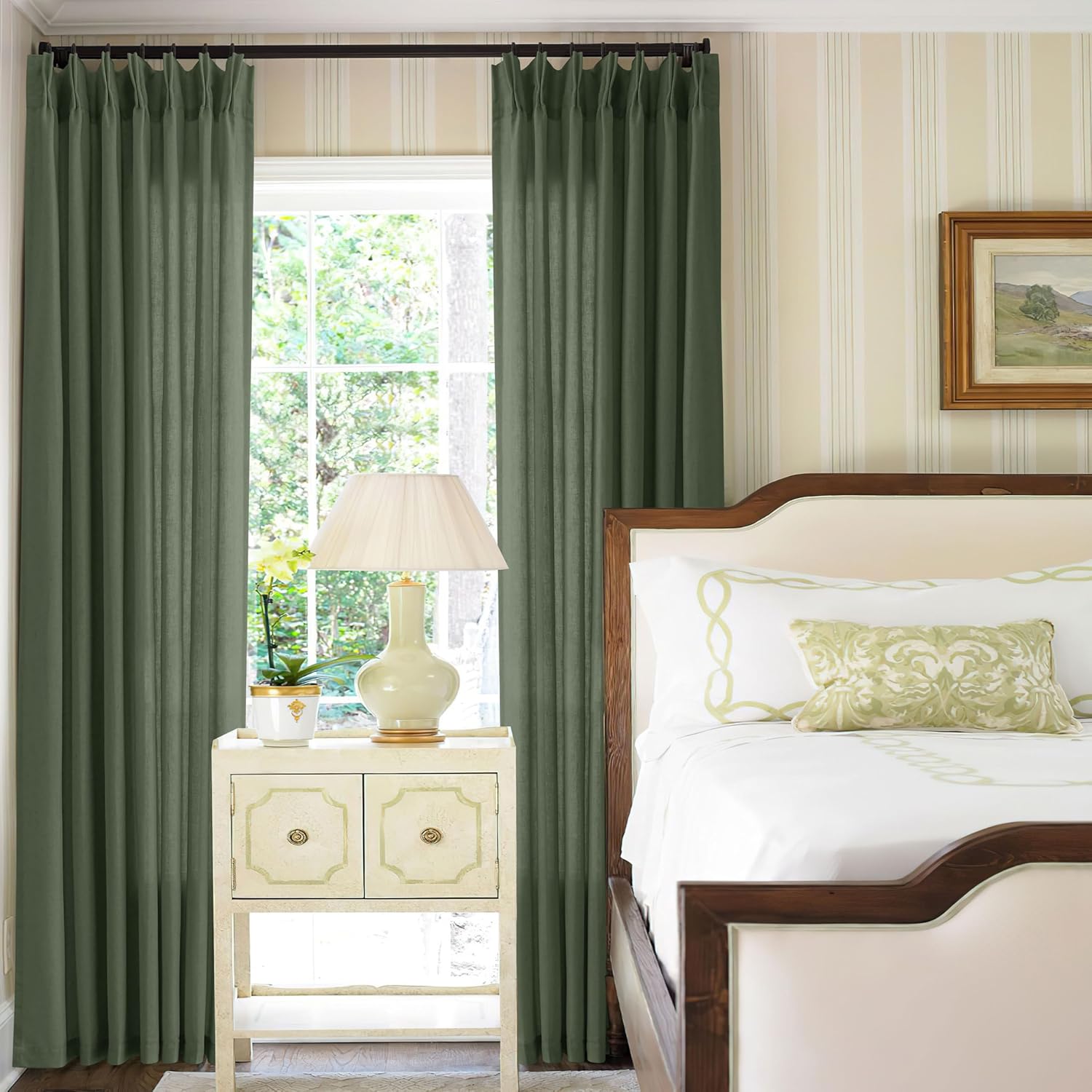 Olive Green Pinch Pleated Linen Curtains 108 Inches Long