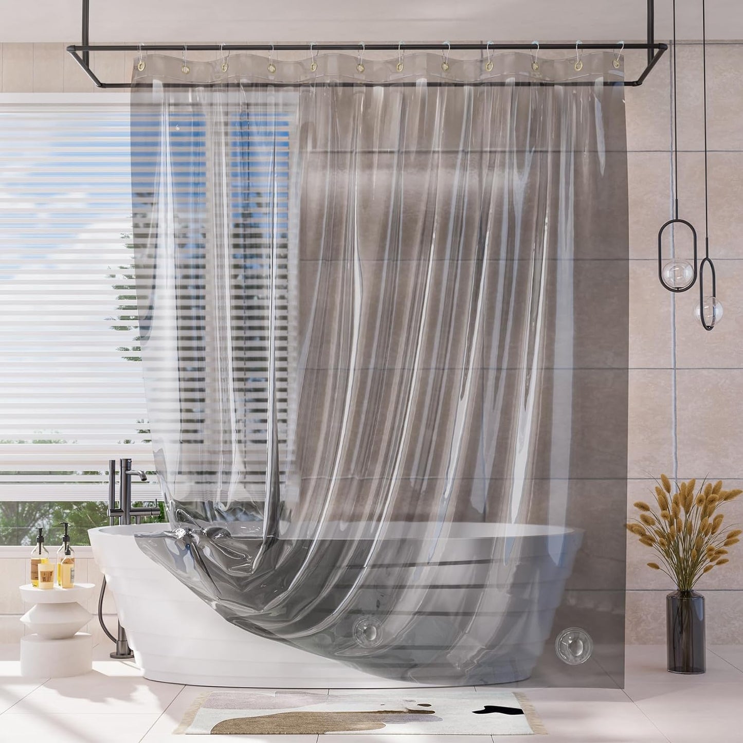 AmazerBath 2-in-1 Luxury Grey Shower Curtain - Heavy Duty & Rustproof