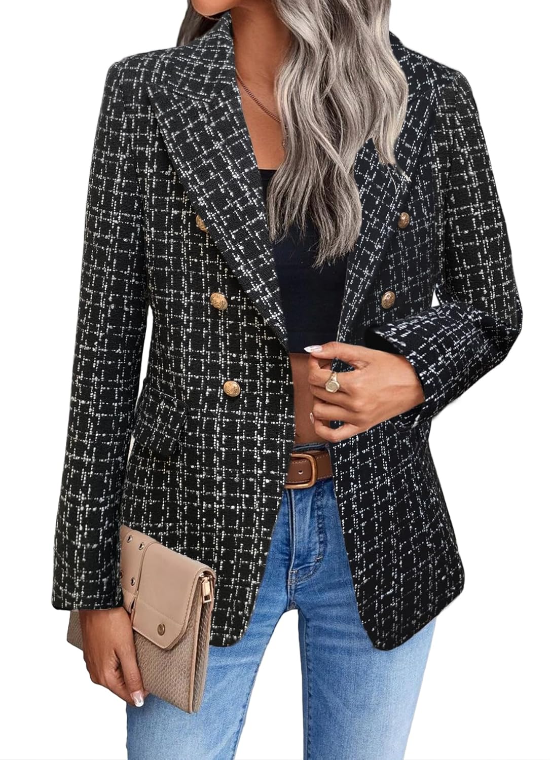 Mina Self Women's Tweed Plaid Blazer Jacket for Elegant Style