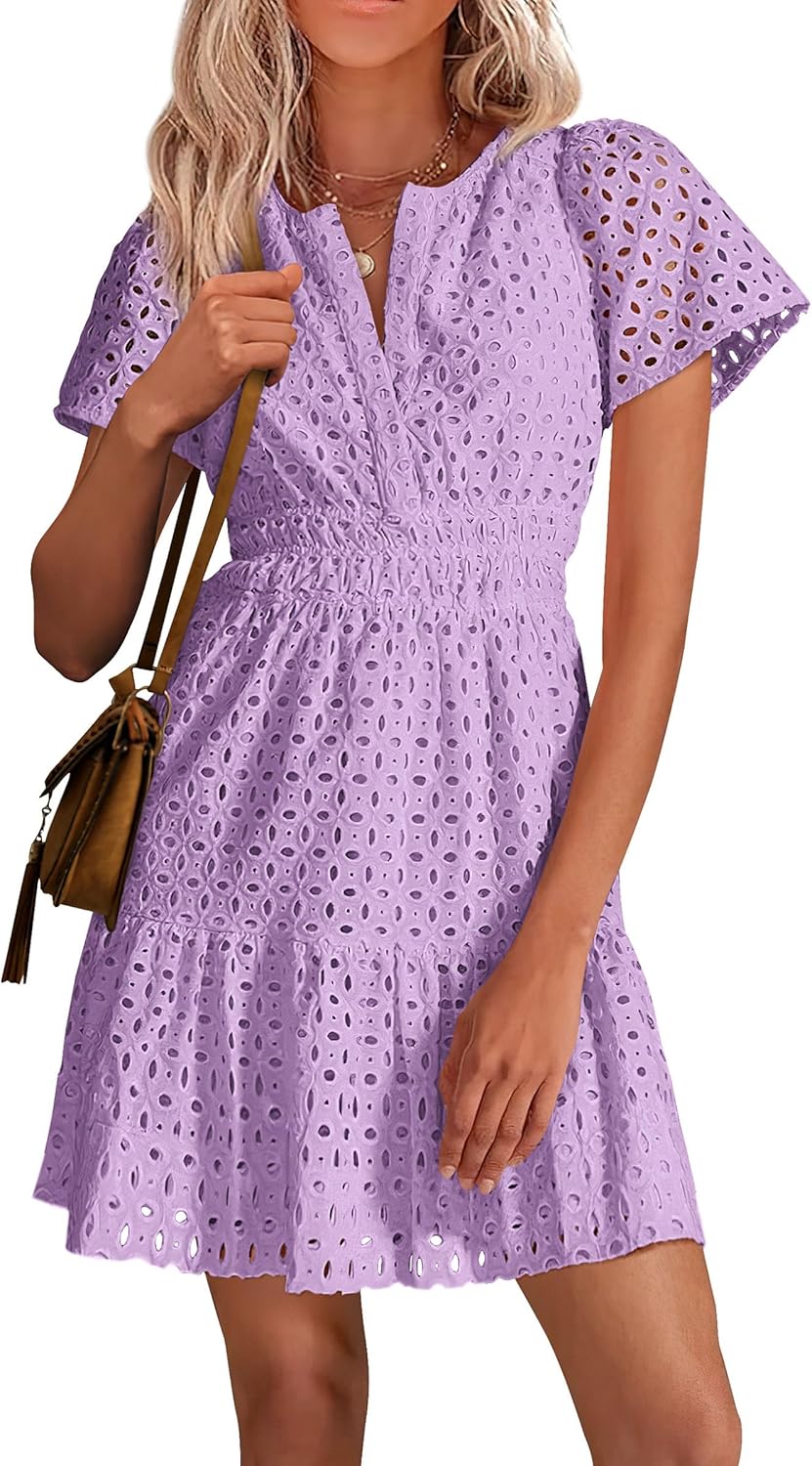 PRETTYGARDEN Womens Summer Short Dress V Neck Ruffle Casual