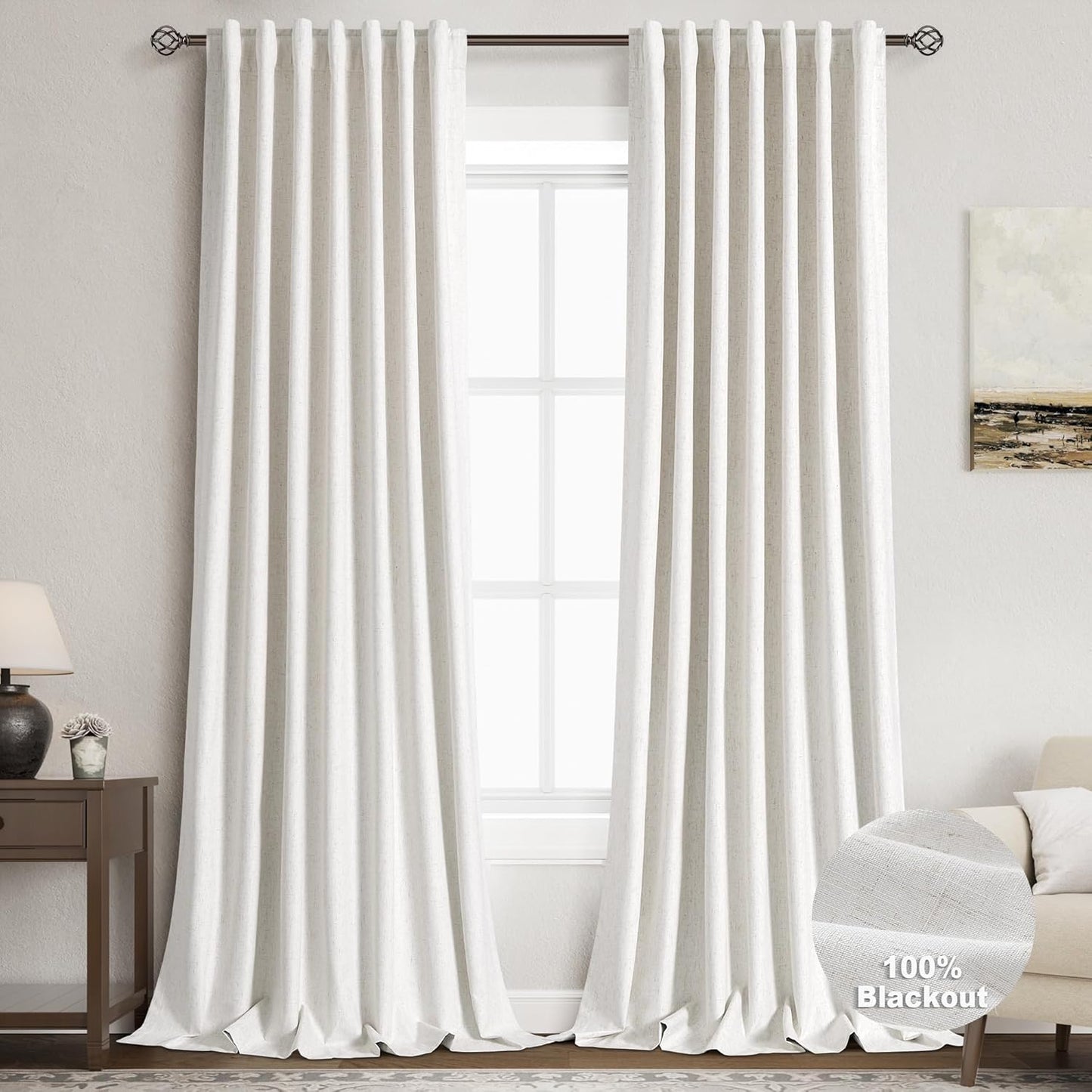 Natural Linen Black Out Curtains 108 Inches Long for Bedrooms