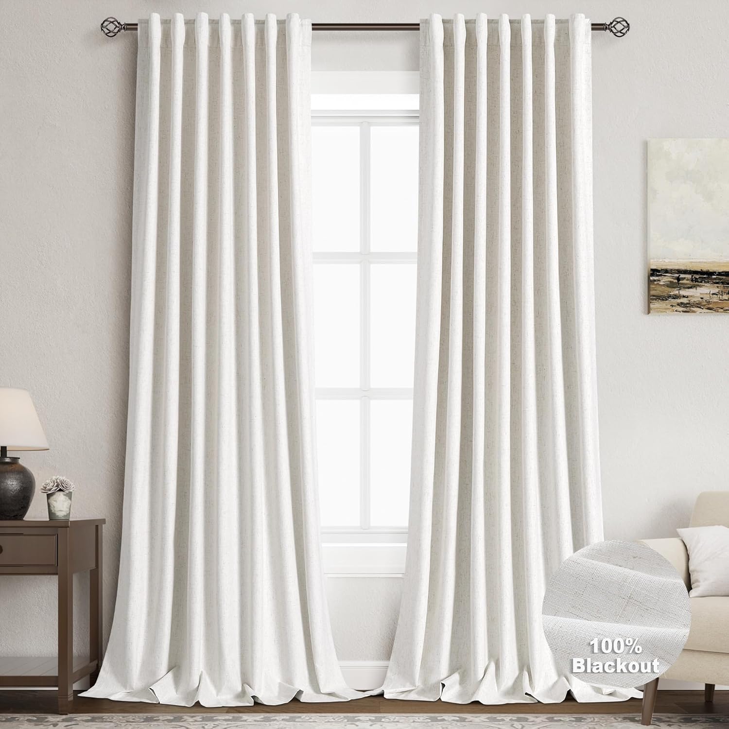 Natural Linen Black Out Curtains 108 Inches Long for Bedrooms