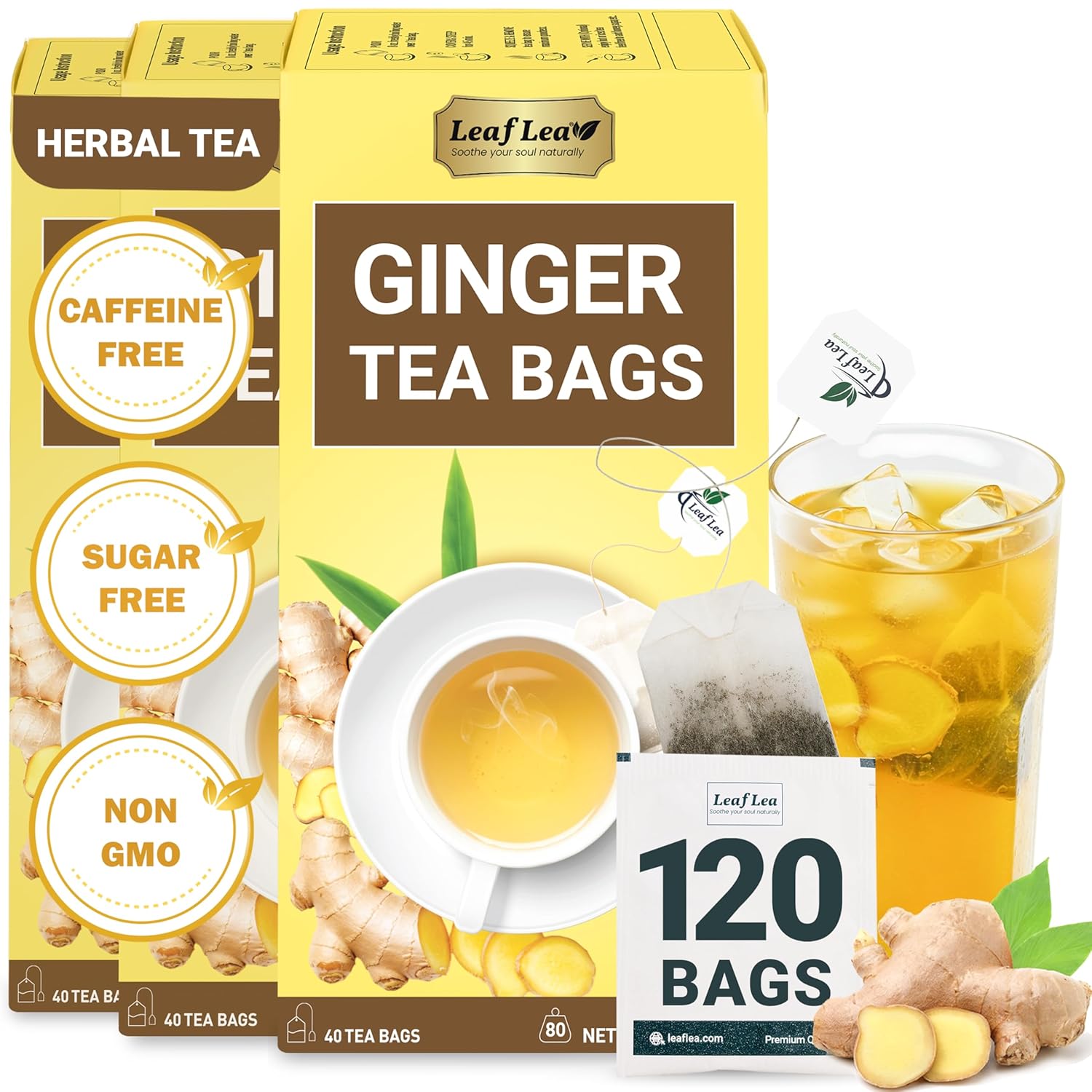LeafLea 120 Ginger Tea Bags - Pure Ginger Root Herbal Tea