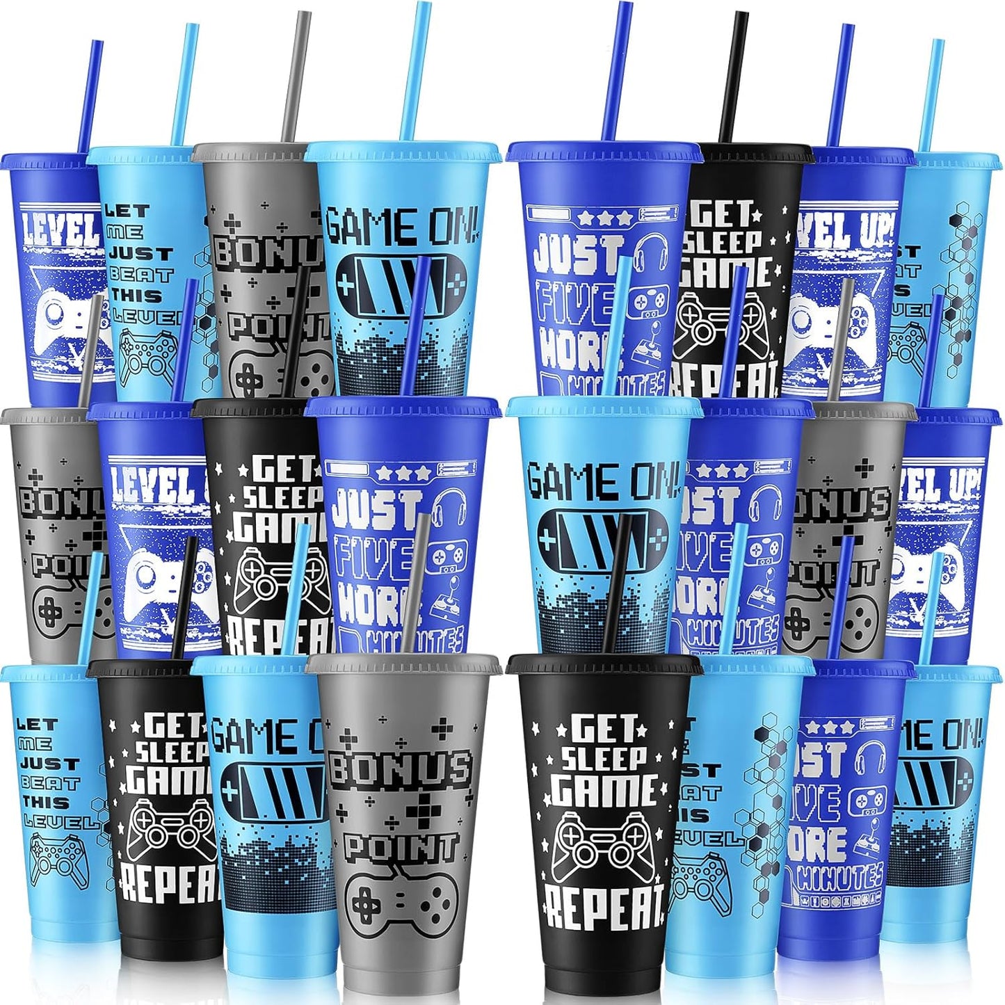 Mifoci Video Game Plastic Cups with Lids and Straws for Parties