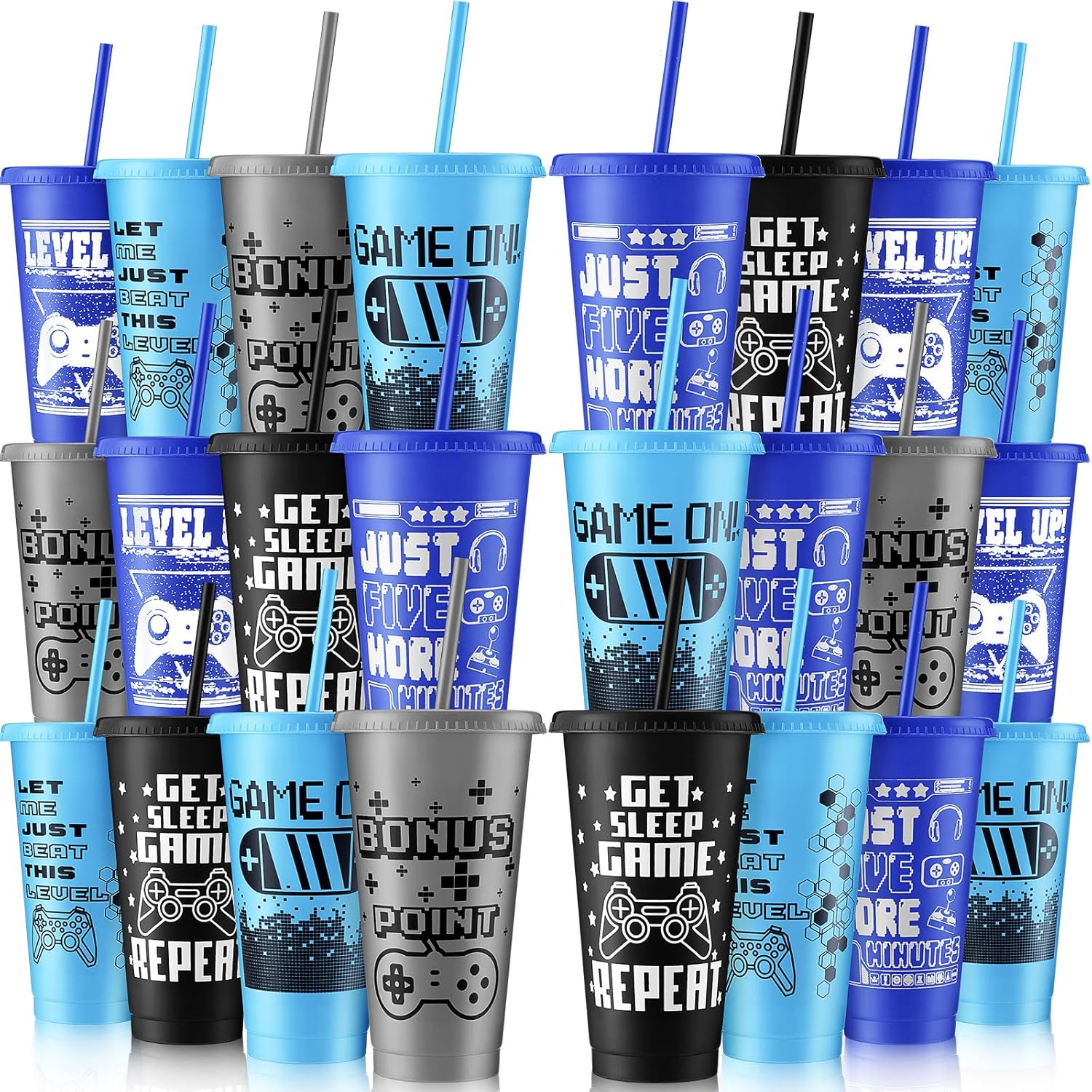 Mifoci Video Game Plastic Cups with Lids and Straws for Parties