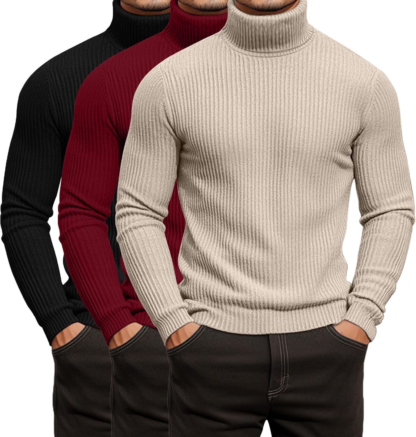 Men's Ribbed Turtleneck Shirts 3 Pack Lightweight Pullover