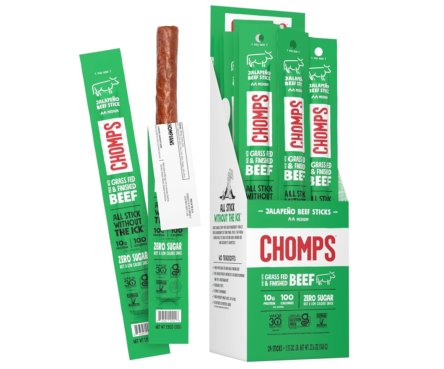 Chomps Grass-Fed Jalapeno Beef Jerky Snack Sticks 24-Pack