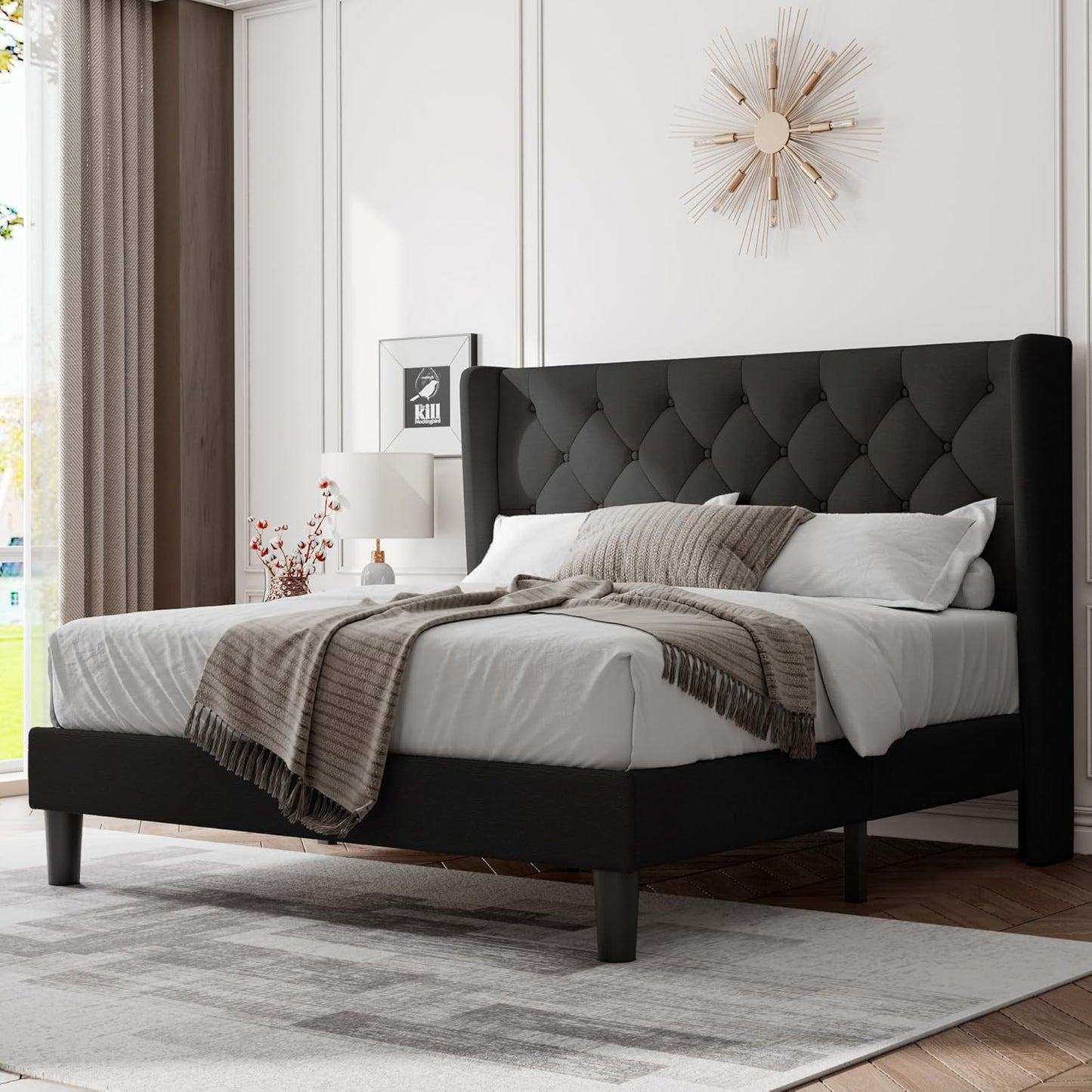 Feonase Queen Bed Frame with Elegant Wingback Design and Comfort