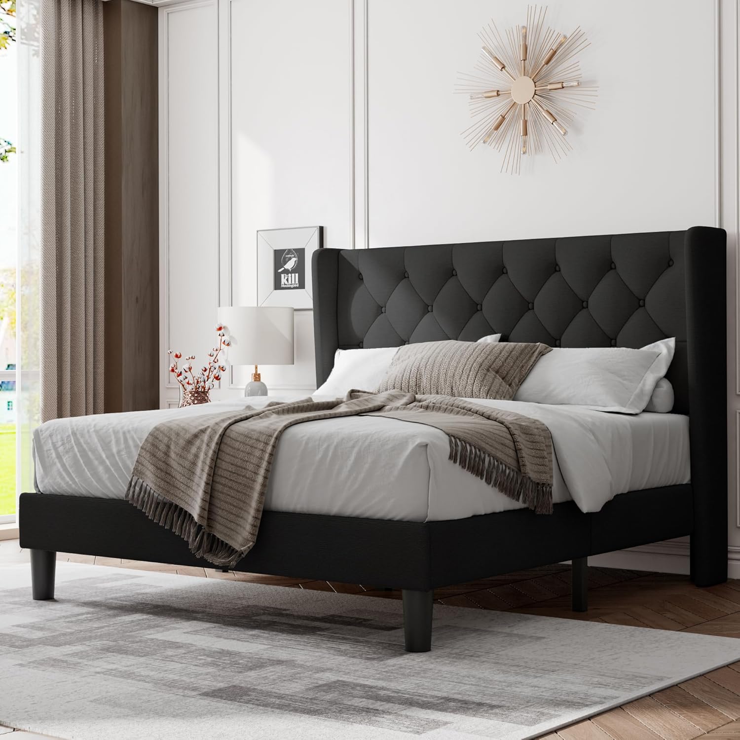Feonase Queen Bed Frame with Elegant Wingback Design and Comfort