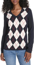 Tommy Hilfiger Womens Long Sleeve Cotton Argyle V-Neck Sweater