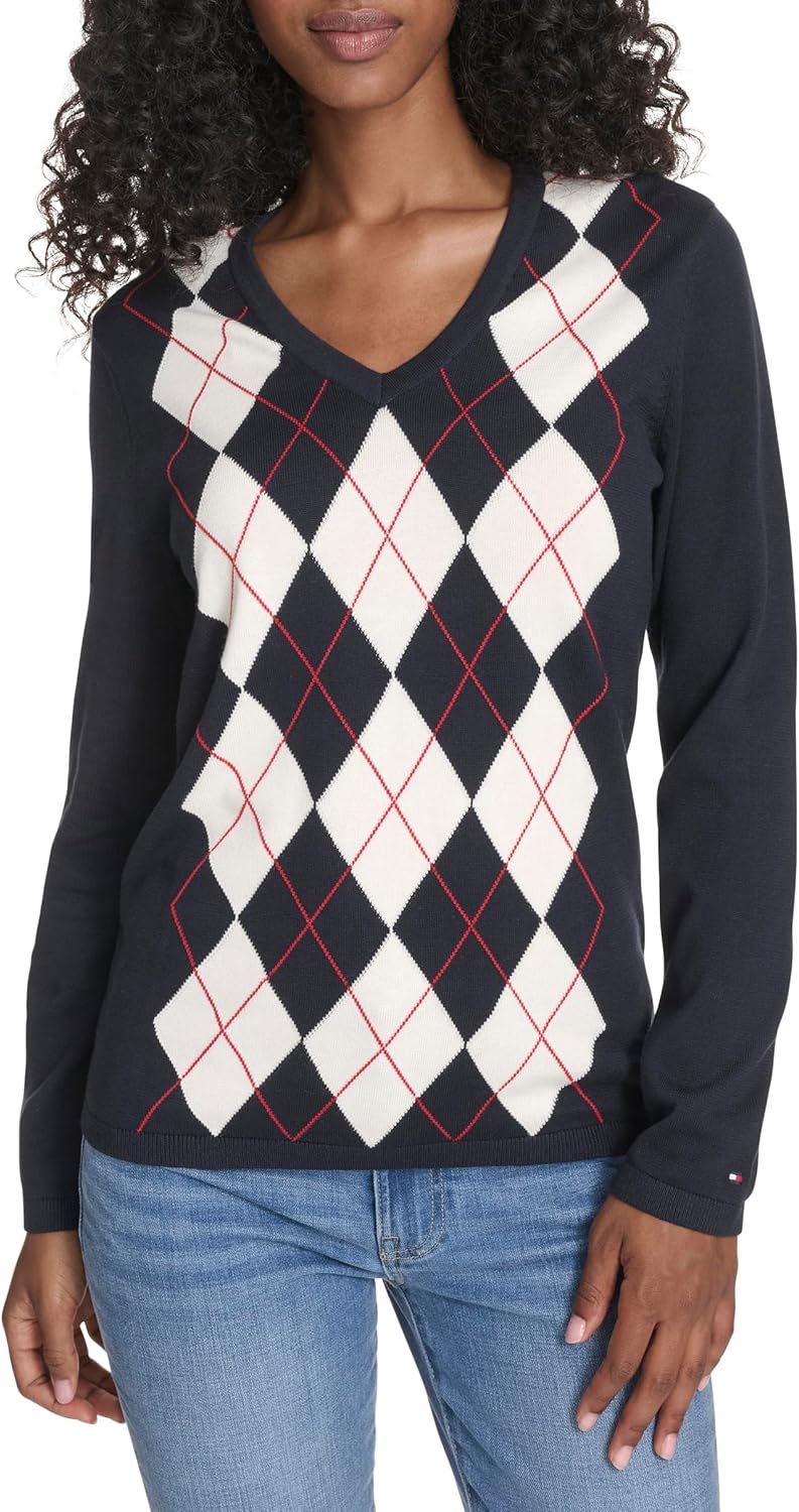 Tommy Hilfiger Womens Long Sleeve Cotton Argyle V-Neck Sweater