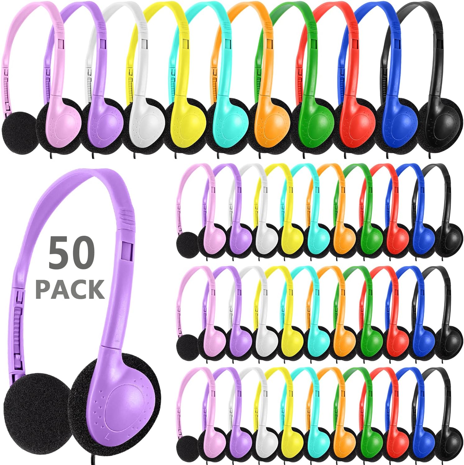 Bulk Classroom Headphones for Kids - 50 Pack Multi Color Set