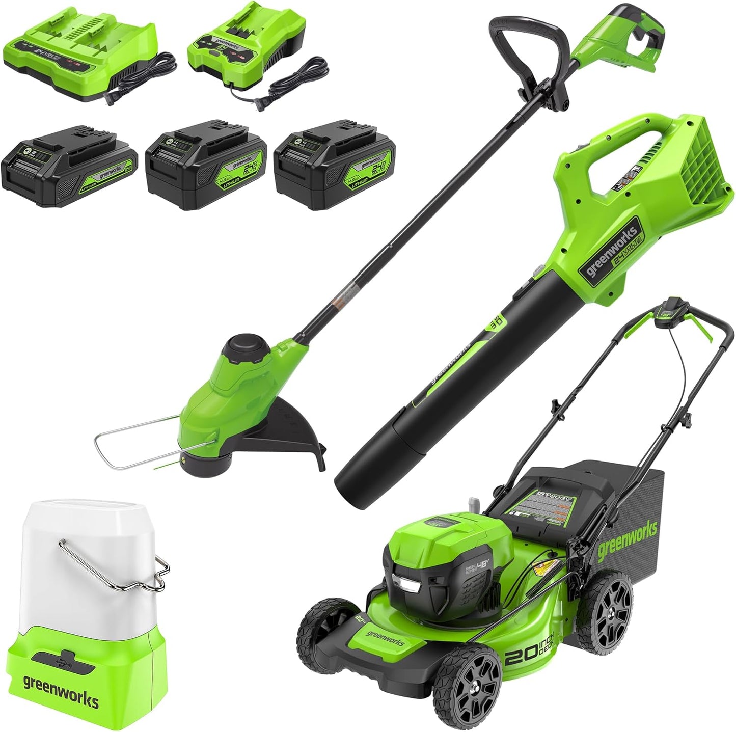 Greenworks 48V Cordless Combo: Mower, Trimmer, Blower & Lantern