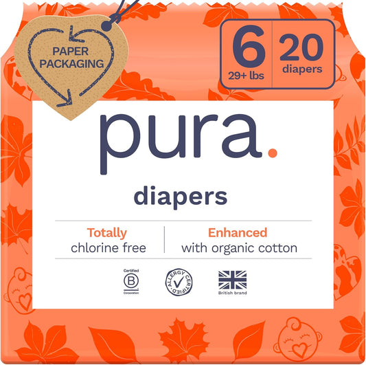 Pura Size 6 Organic Cotton Diapers - Soft, Hypoallergenic, Leak-proof