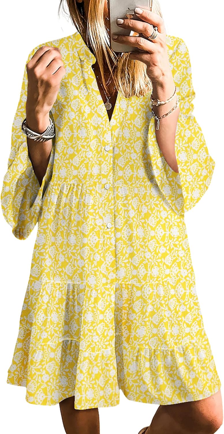 SELINK Womens Long Sleeve Casual V Neck Tribal Print Dress