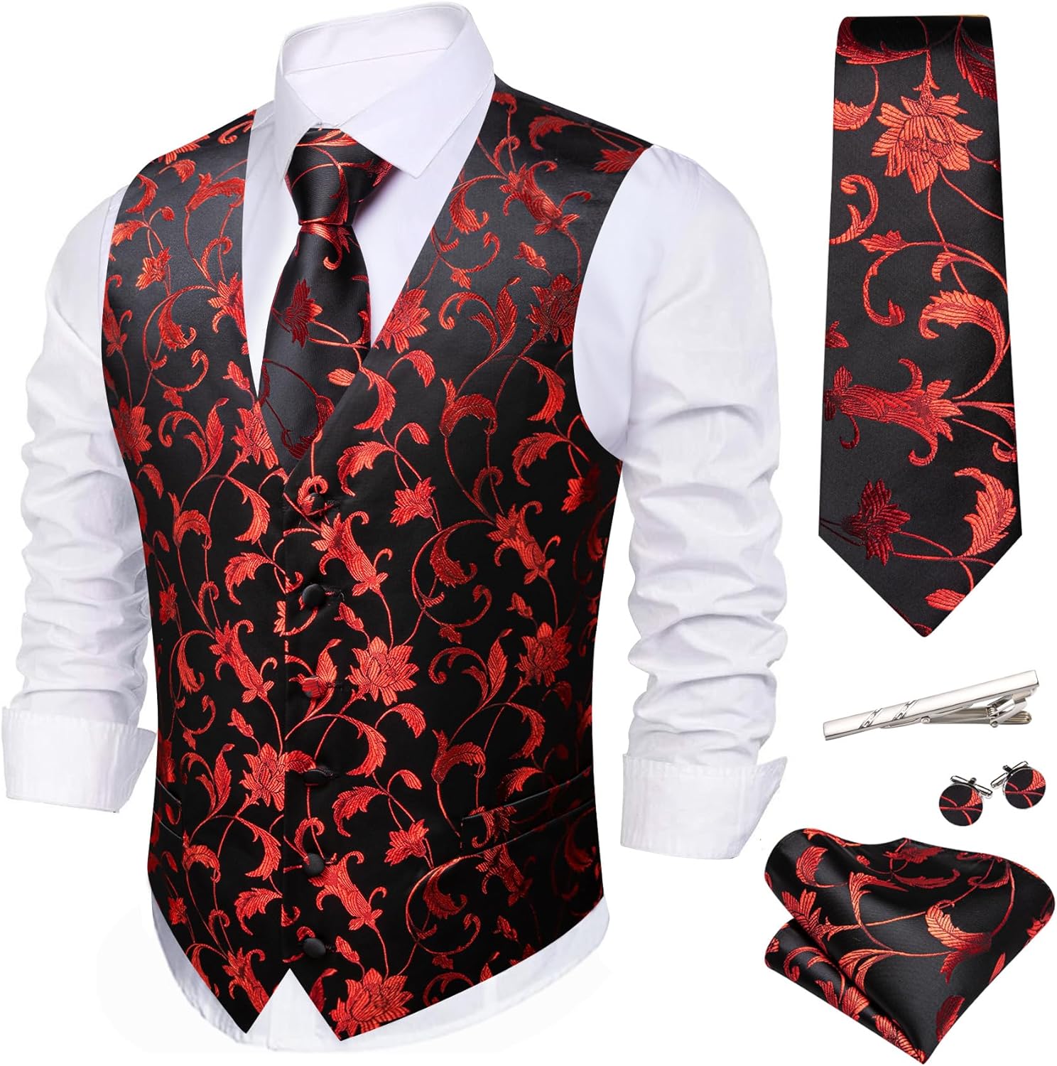Barry.Wang Mens Suit Vest Set with Silk Jacquard Waistcoat