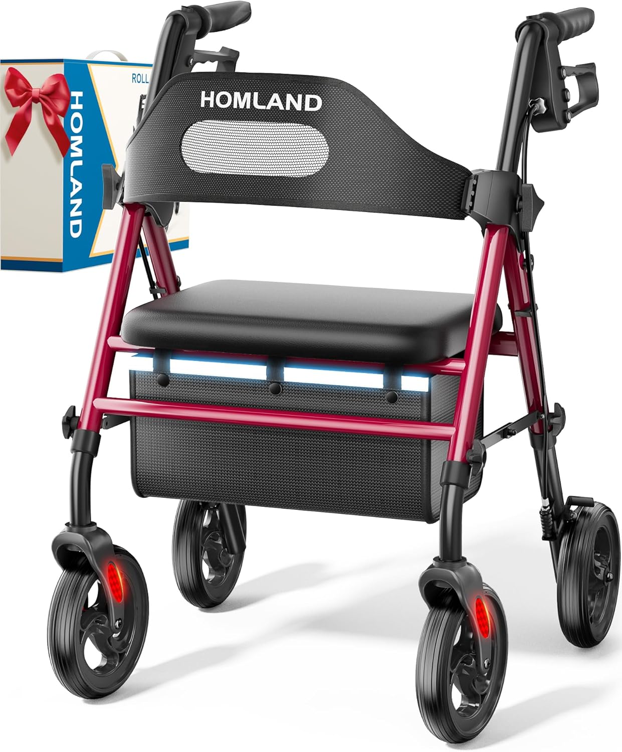 HOMLAND Foldable Rollator Walkers with Seat for Seniors, Red