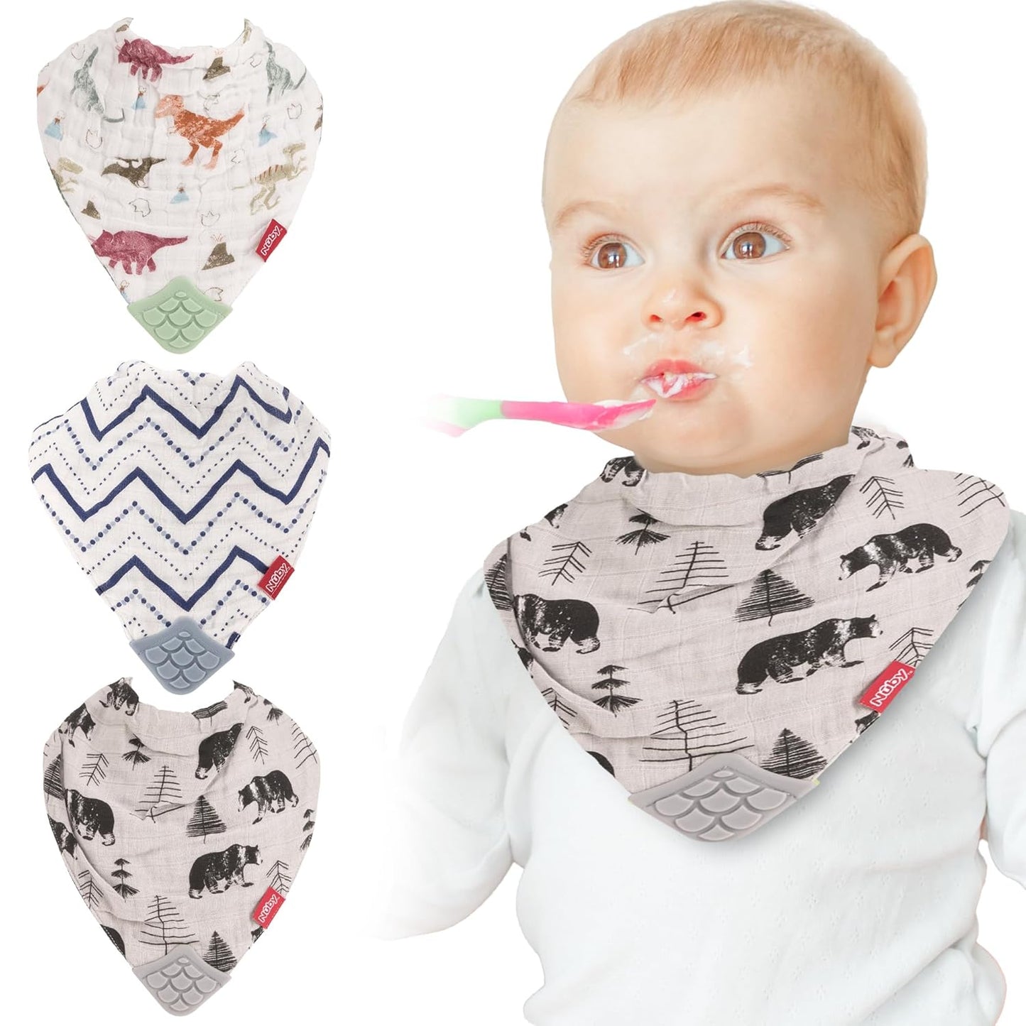 Nuby Reversible Muslin Baby Bib Set - 100% Natural Cotton Teething Bibs