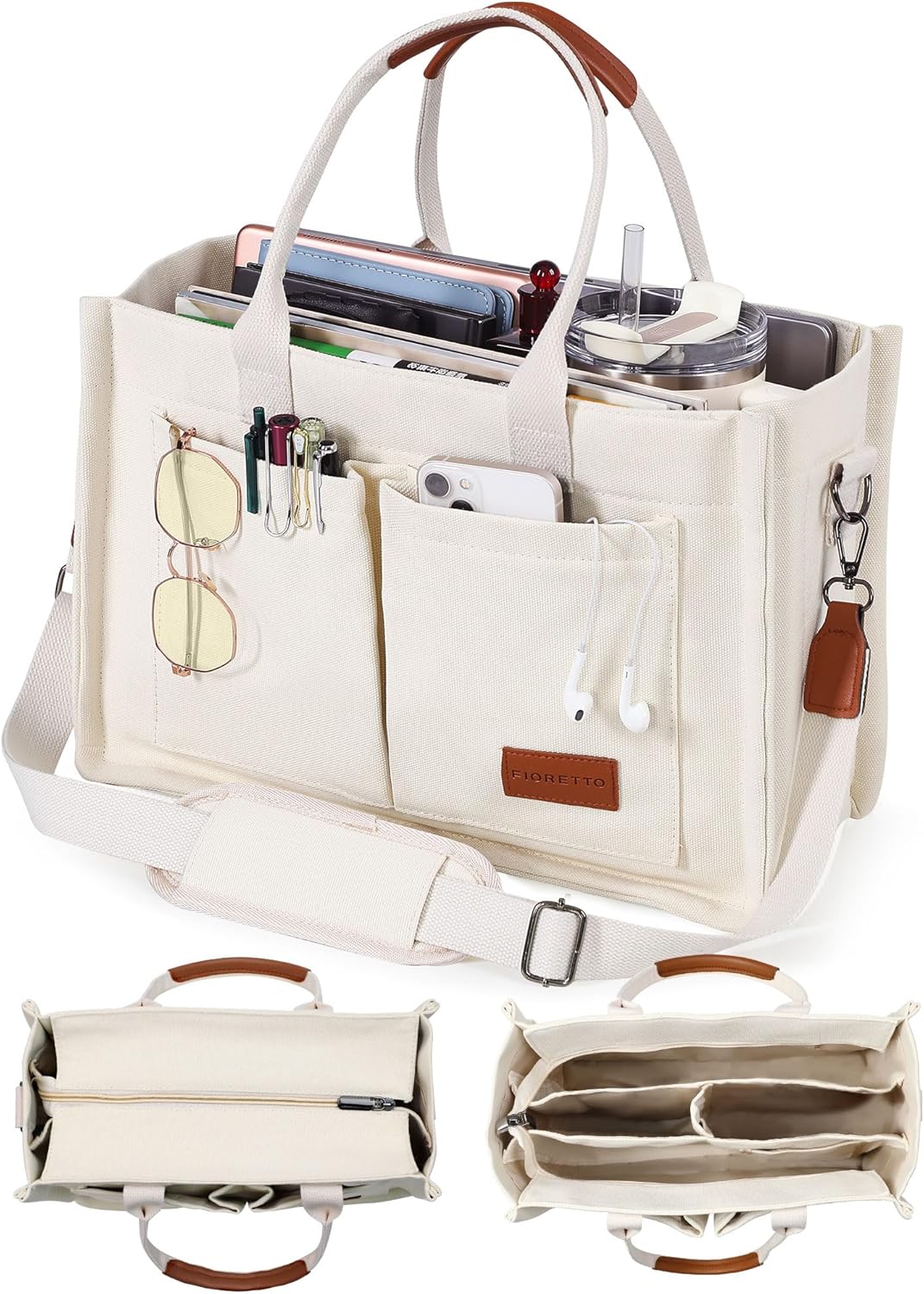 FIORETTO Canvas Tote Bag for Women with Zipper Closure