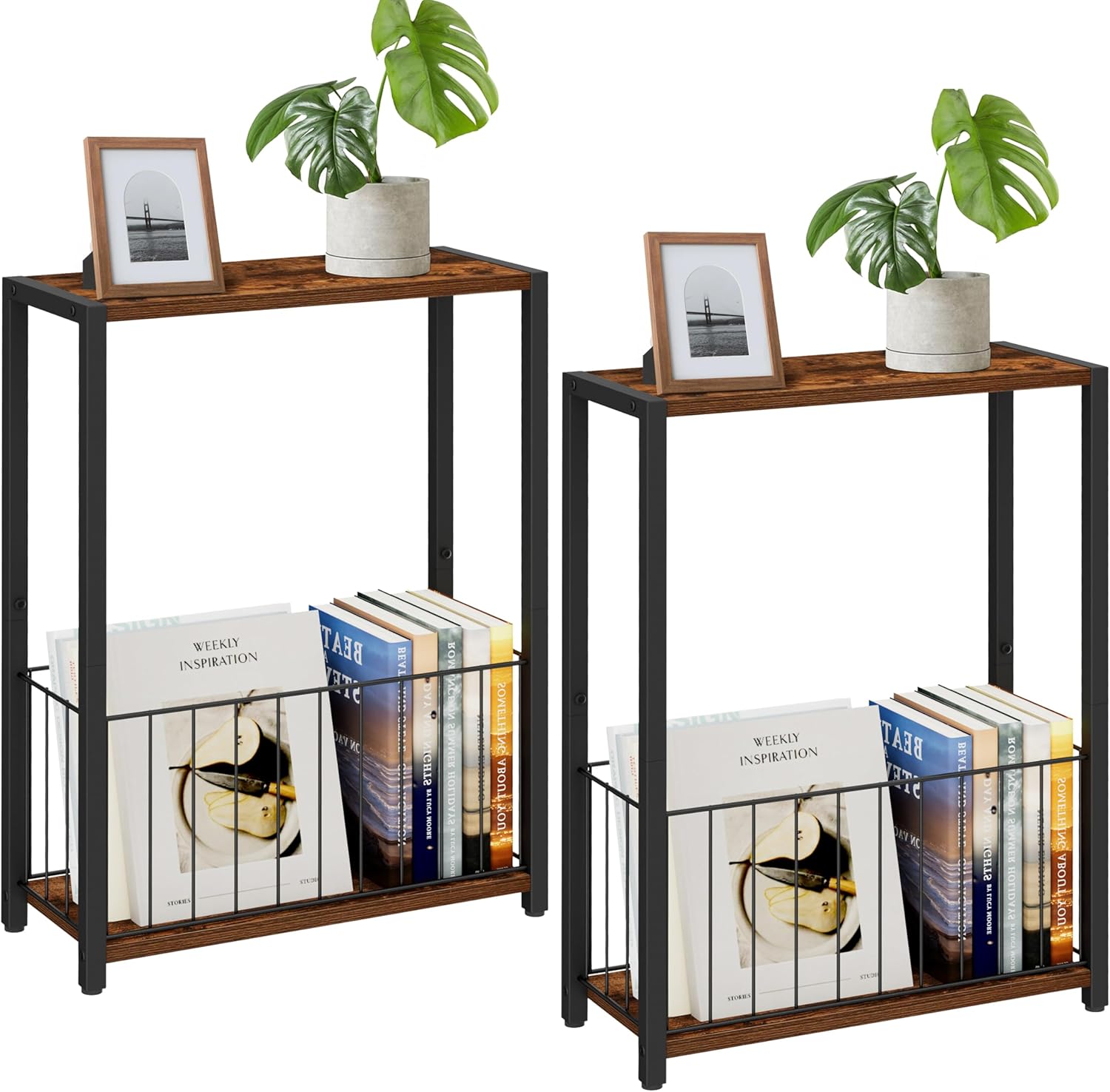 Narrow Side Tables Set of 2 with Magazine Holder for Small Spaces