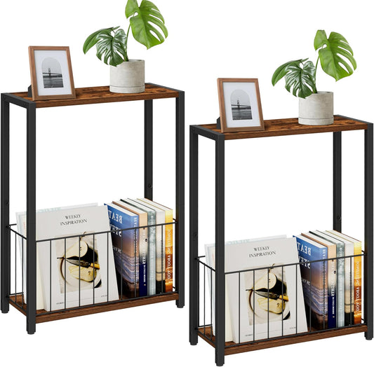 Narrow Side Tables Set of 2 with Magazine Holder for Small Spaces