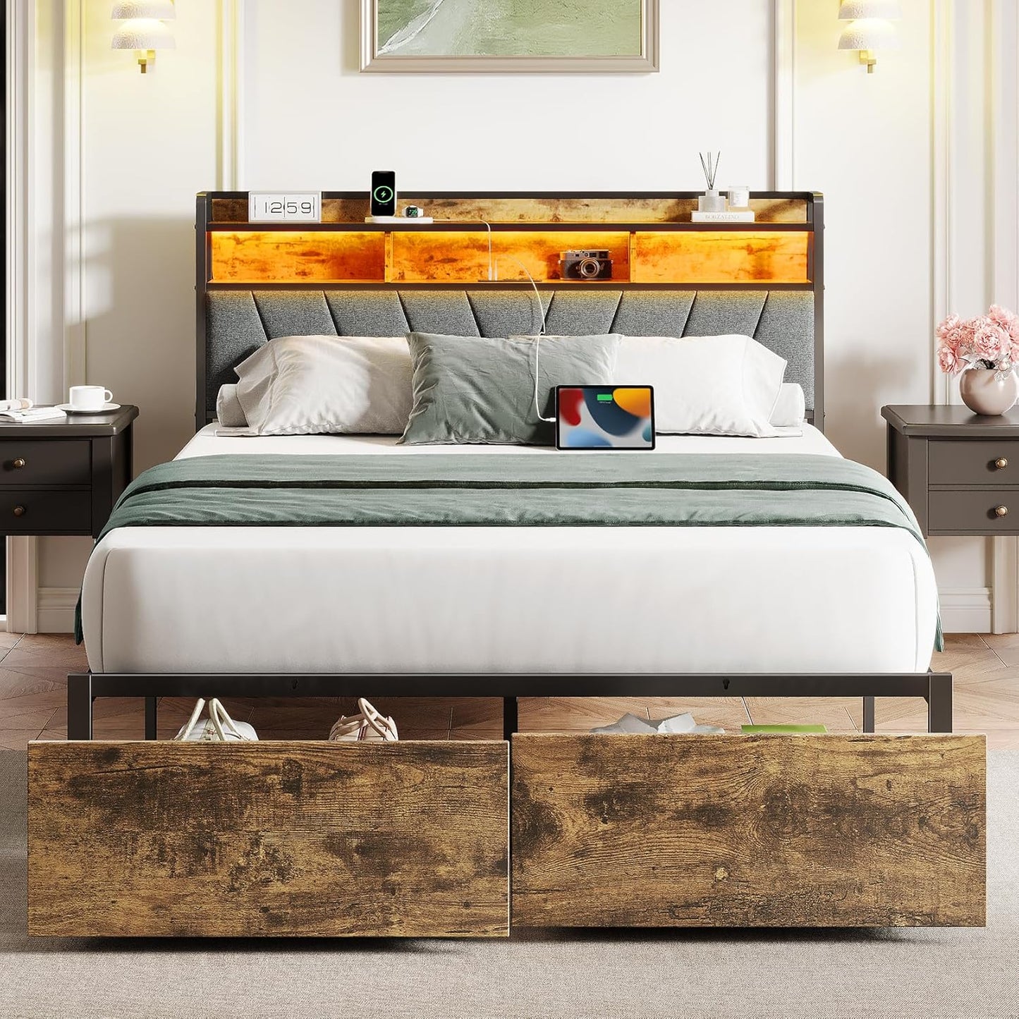 Queen Bed Frame with LED Lights and Storage Drawers for Comfort