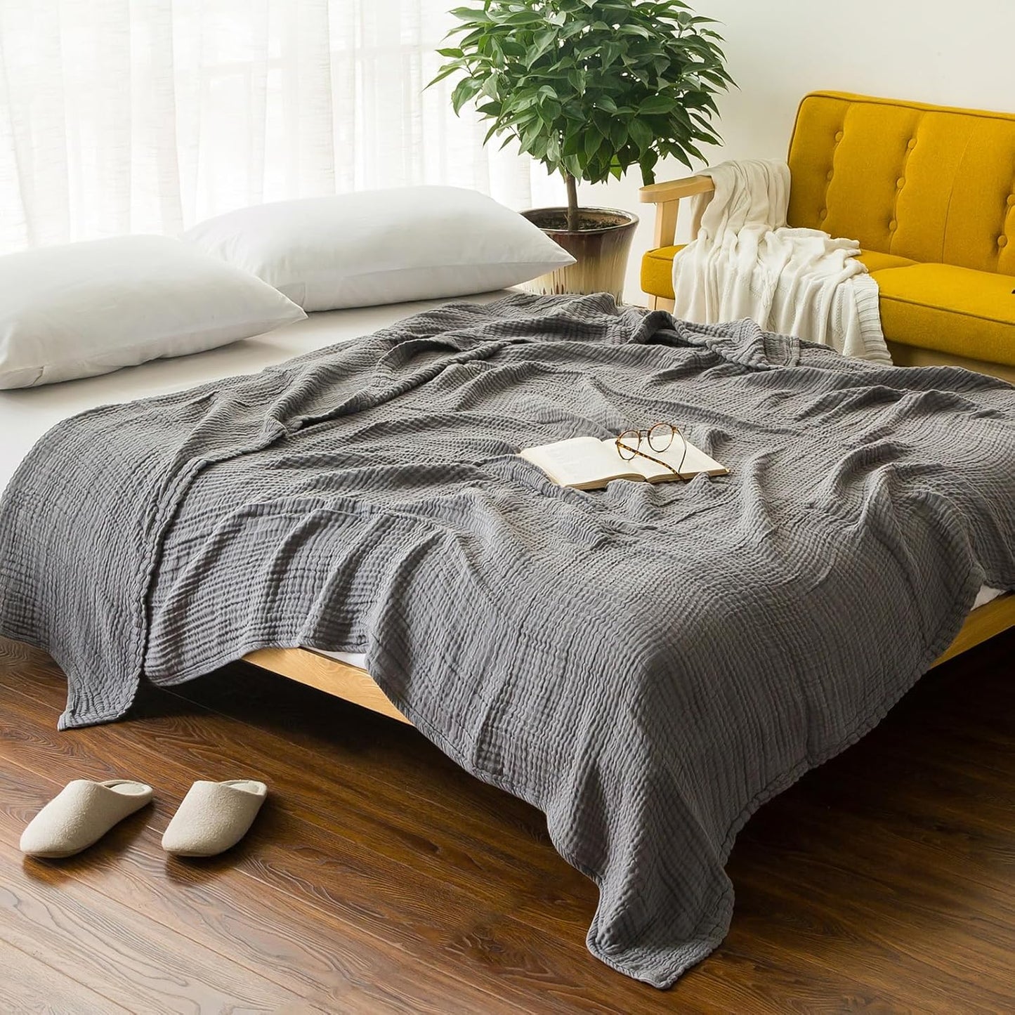 EMME Cotton Blanket Queen Size Soft Large Muslin Grey Blanket