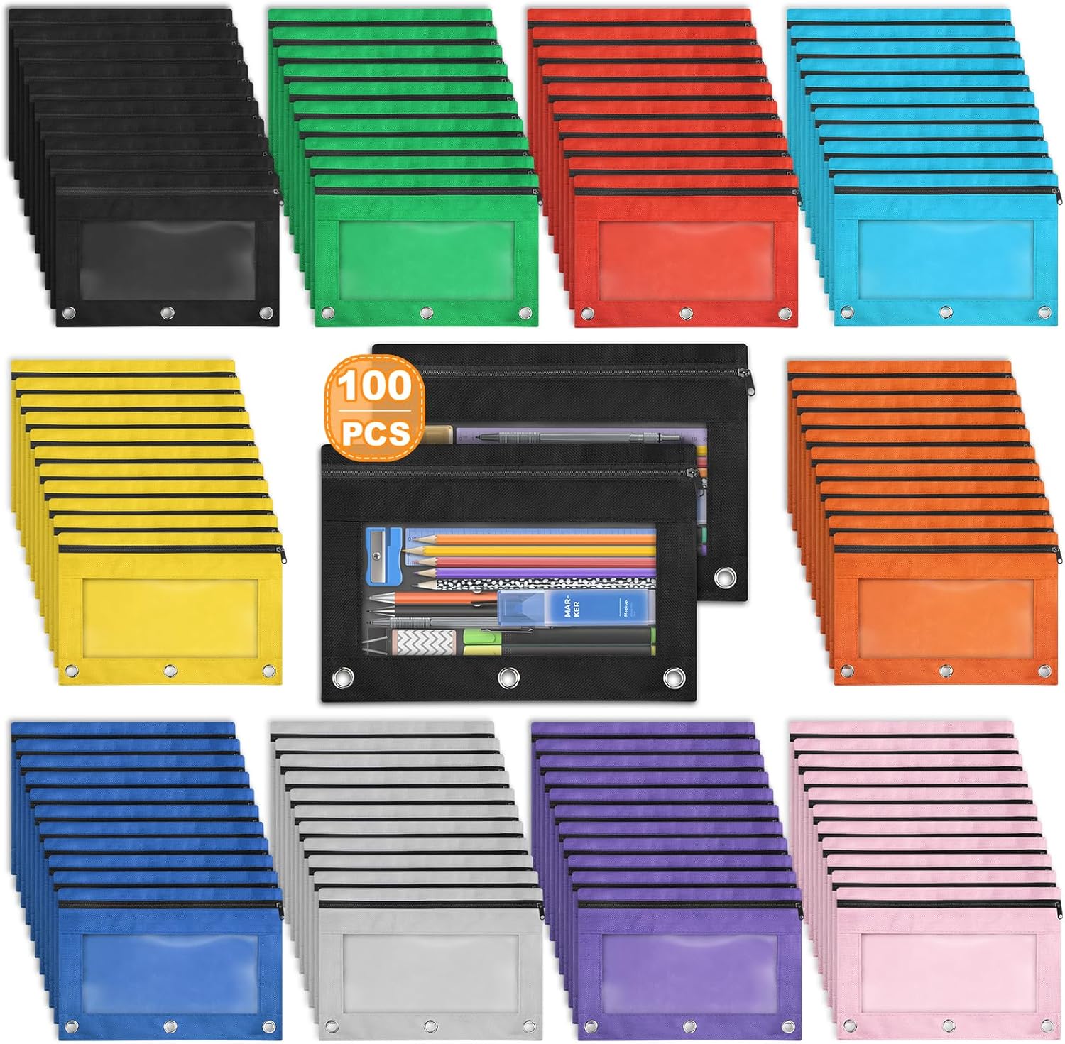 Shemira Pencil Pouch for 3 Ring Binder - 100 Pack in Colors