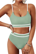 High Waisted Ribbed Two Piece Swimsuit - Flattering High Cut Fit BMJL