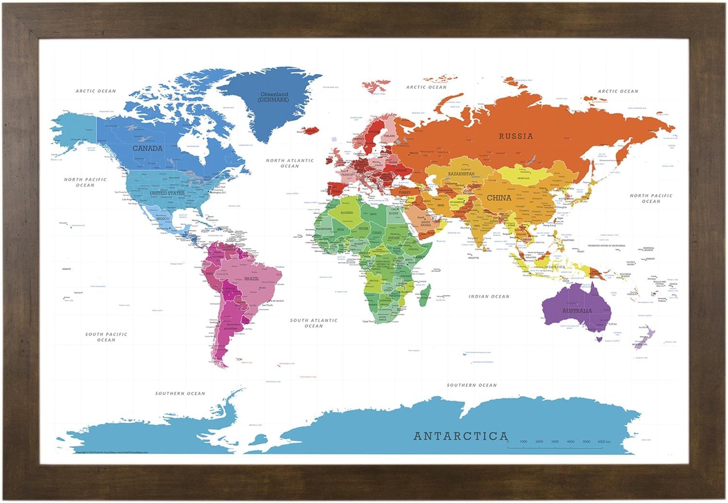 Colorful World Push Pin Travel Map with Rustic Brown Frame